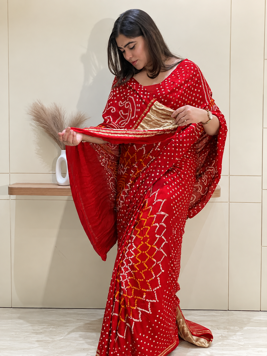 Ambika Red Bandhani Saree