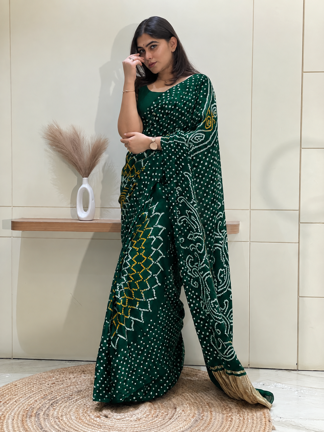 Ambika Bottle Green Bandhani Saree
