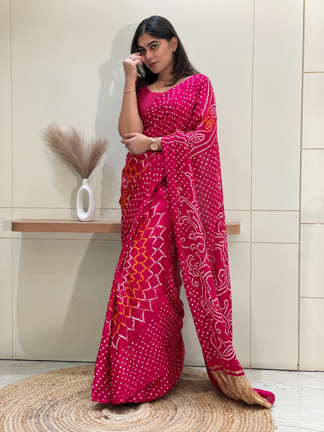 Ambika Pink Bandhani Saree