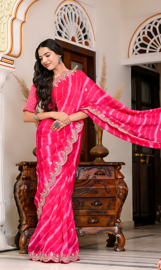 Leheriya Saree In Dark Pink|Designer Saree|Shop Online At Jhakhas.Com