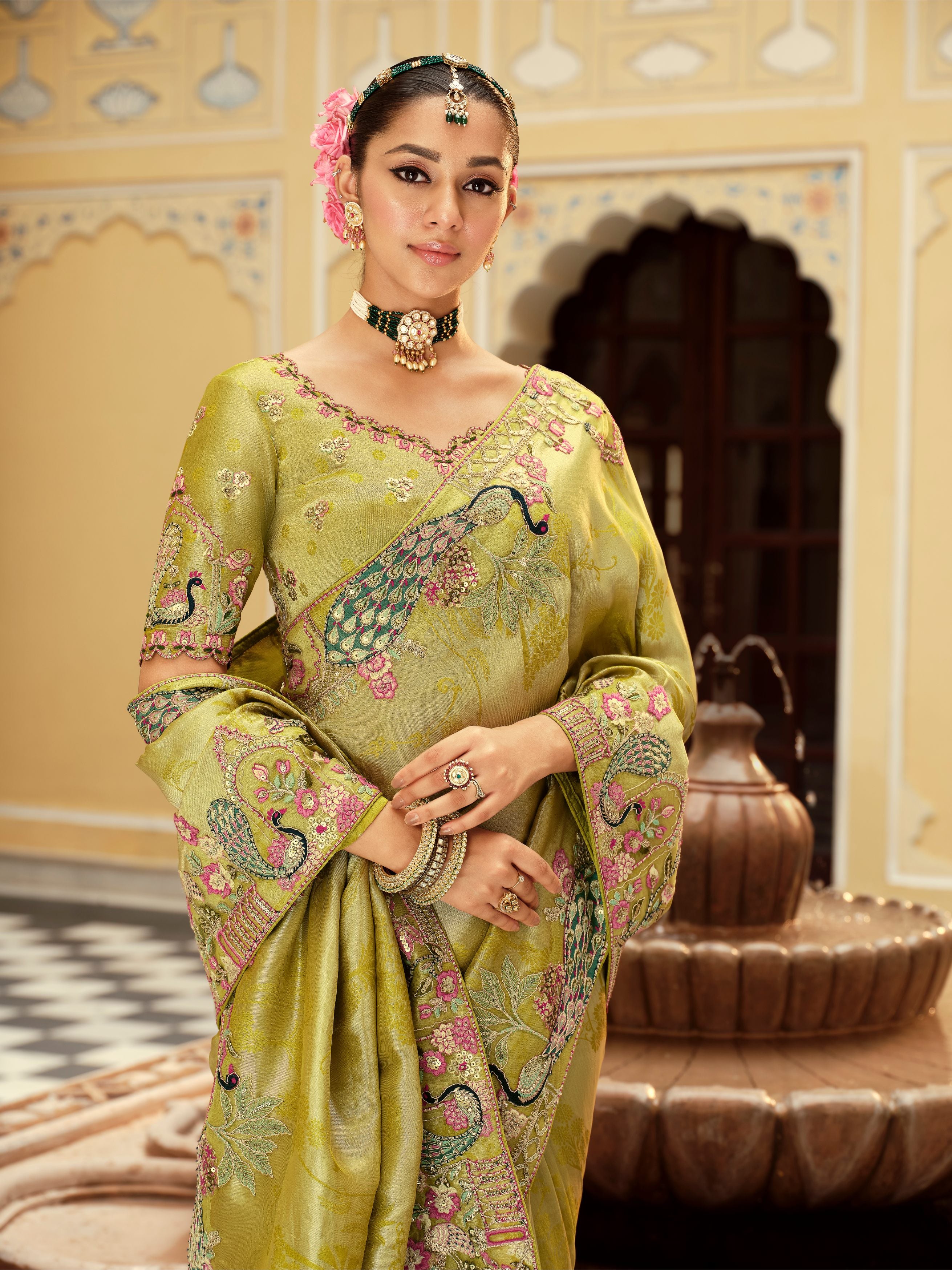 Aanya Olive Green Banarasi Silk Saree