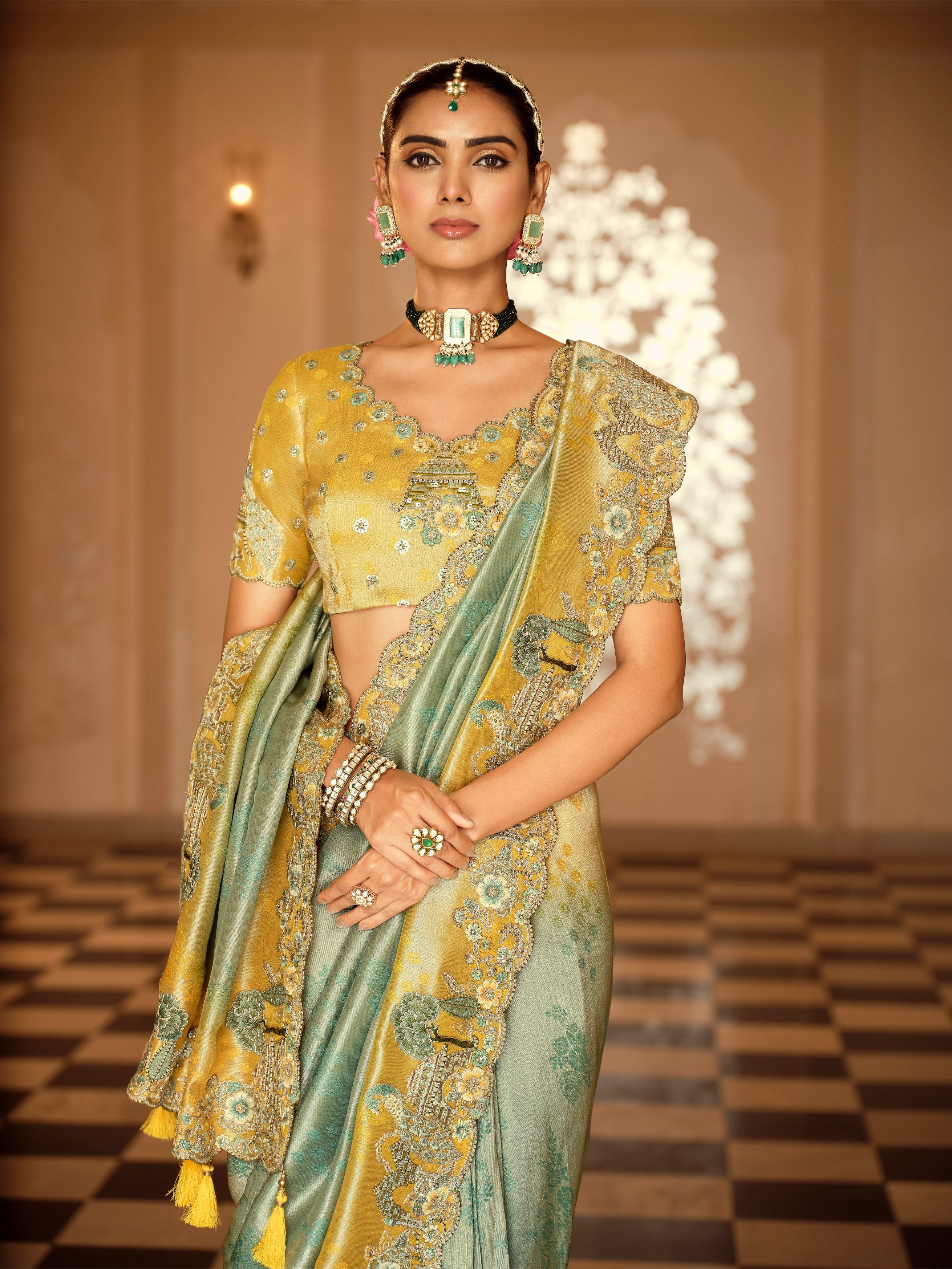 Kavya Sea Green & Mustard Banarasi Silk Saree