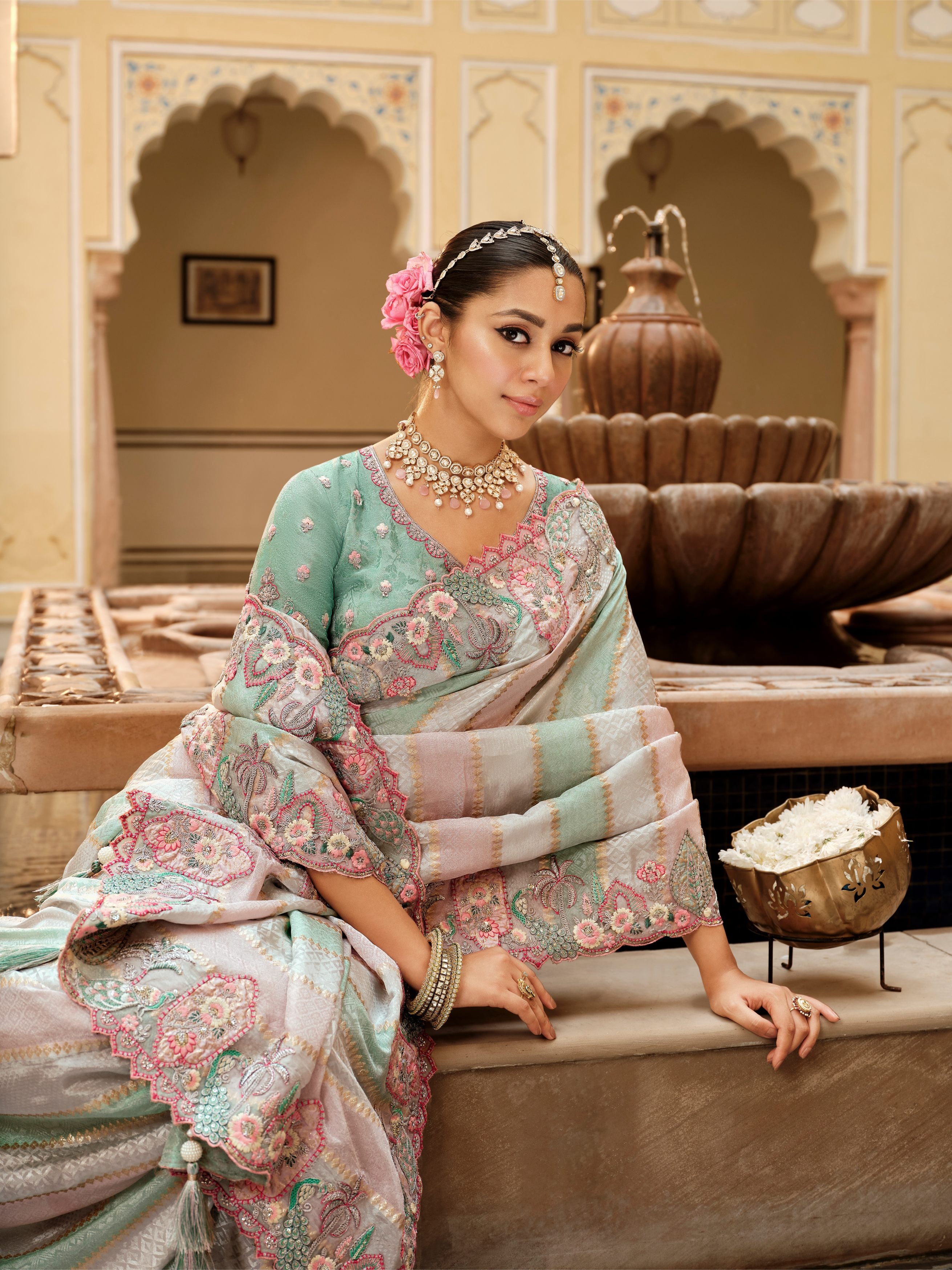 Ishita Pastel Mint Banarasi Silk Saree