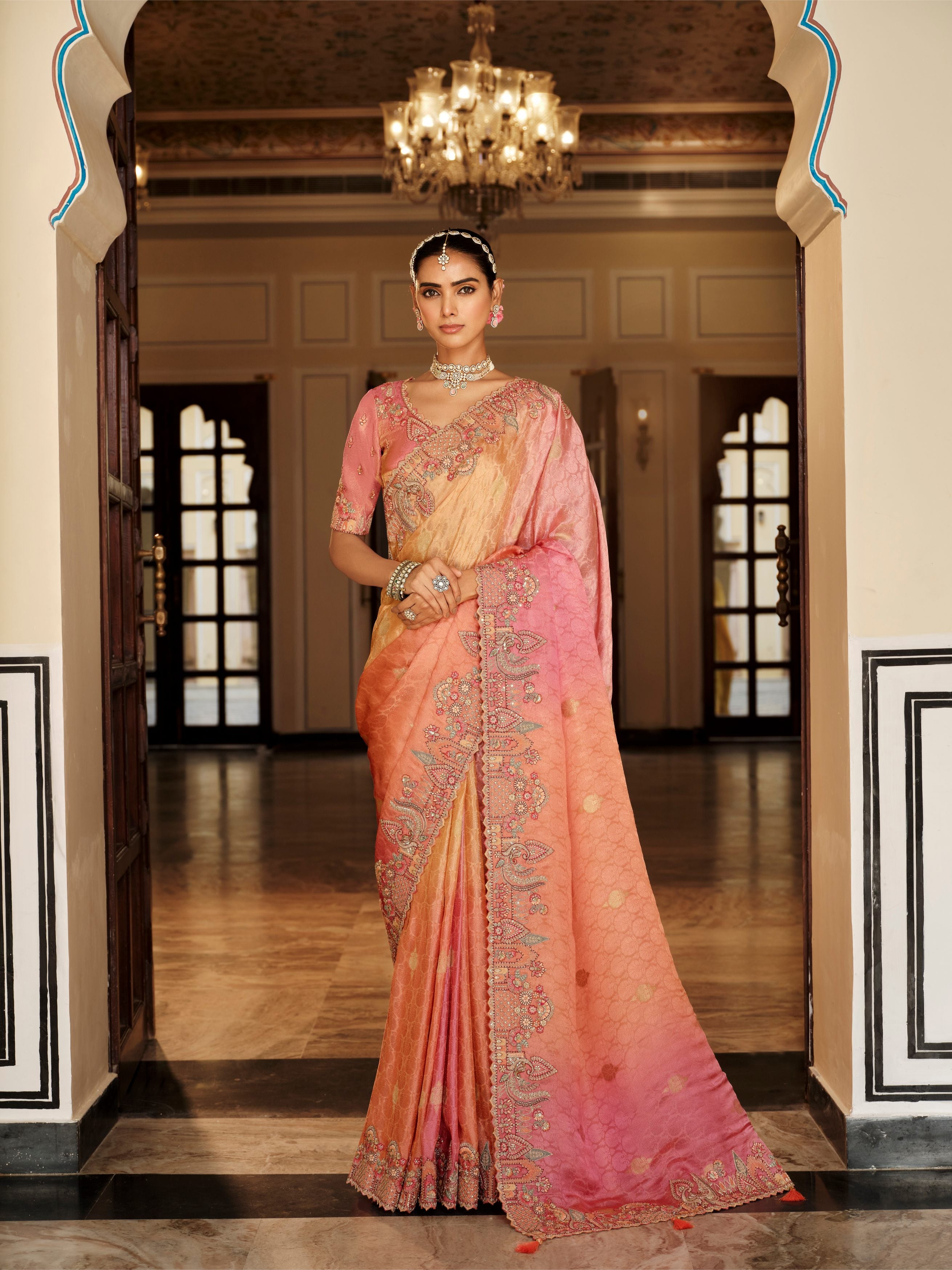 Naina Peach & Gold Banarasi Silk Saree