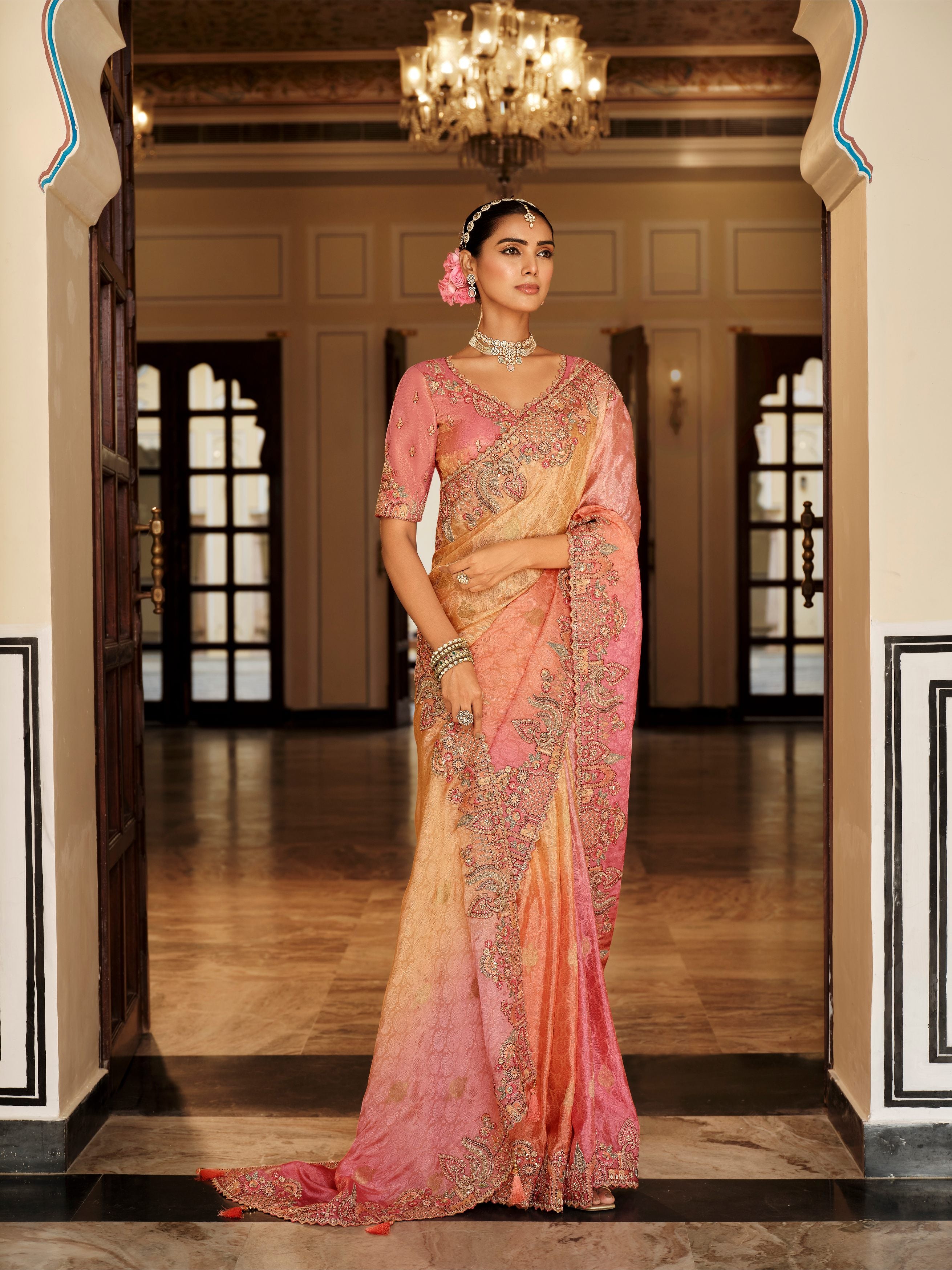 Naina Peach & Gold Banarasi Silk Saree