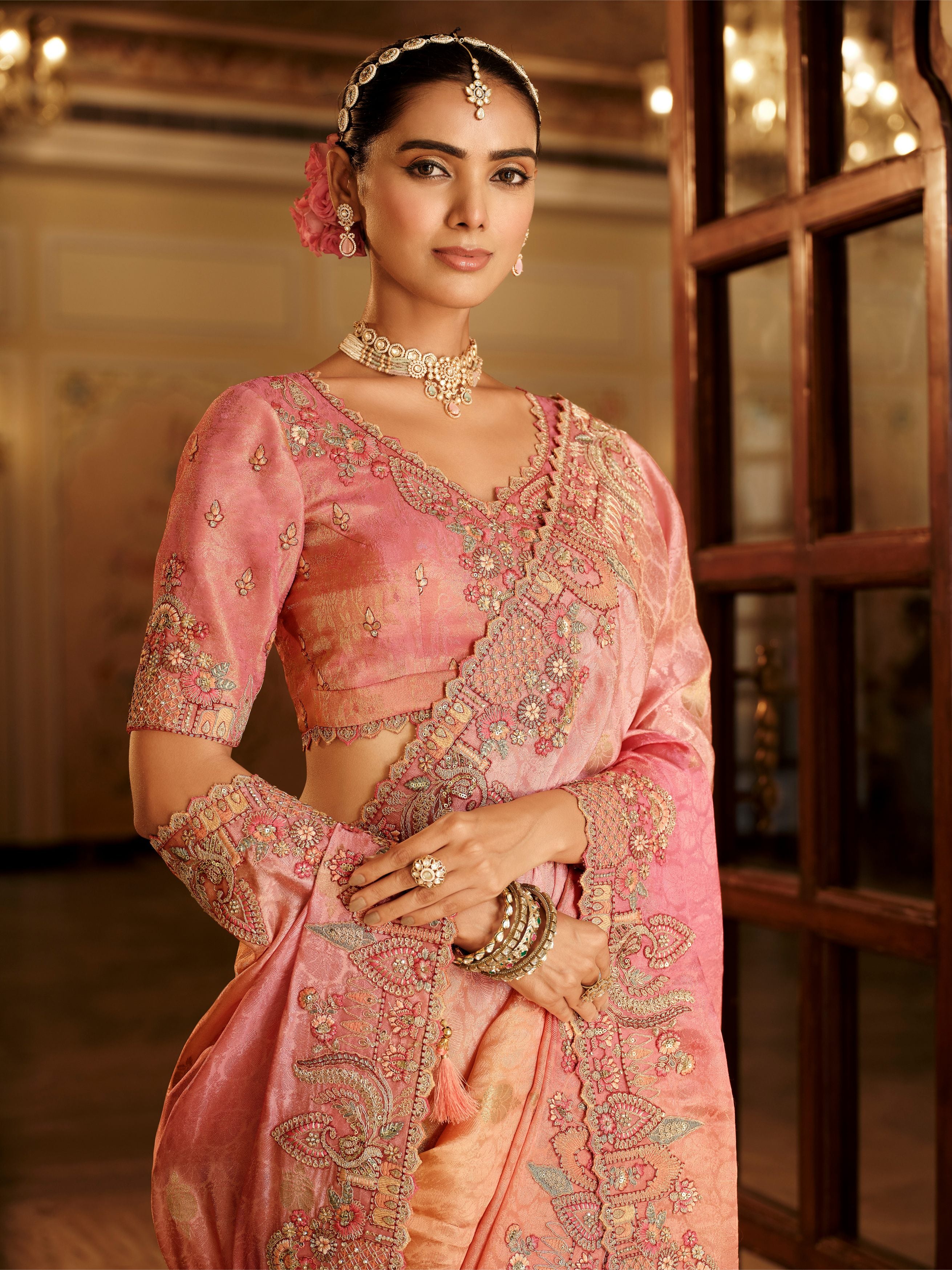 Naina Peach & Gold Banarasi Silk Saree