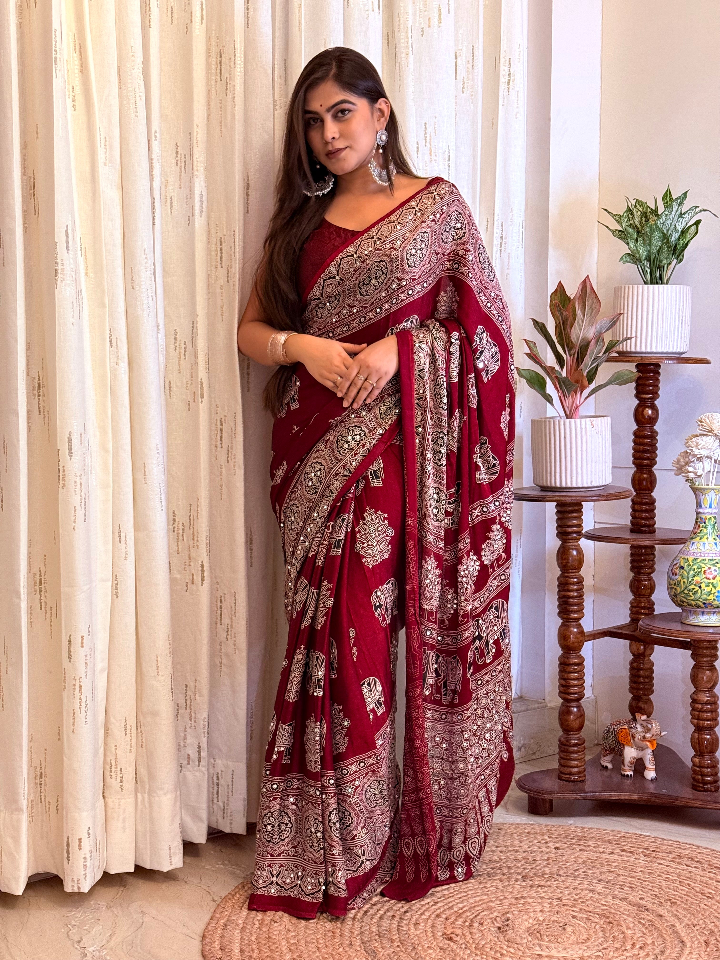 Ziyana Modal Maroon Silk Ajrakh Saree