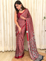 Maroon Ajrakh leaf print modal silk saree draped on model - full front view