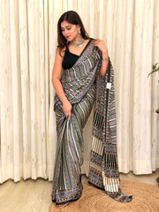 Blue and black Ajrakh striped modal silk saree draped on model - full front view
