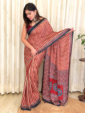 Maroon and ivory striped modal silk saree with Ajrakh pallu - full front drape view