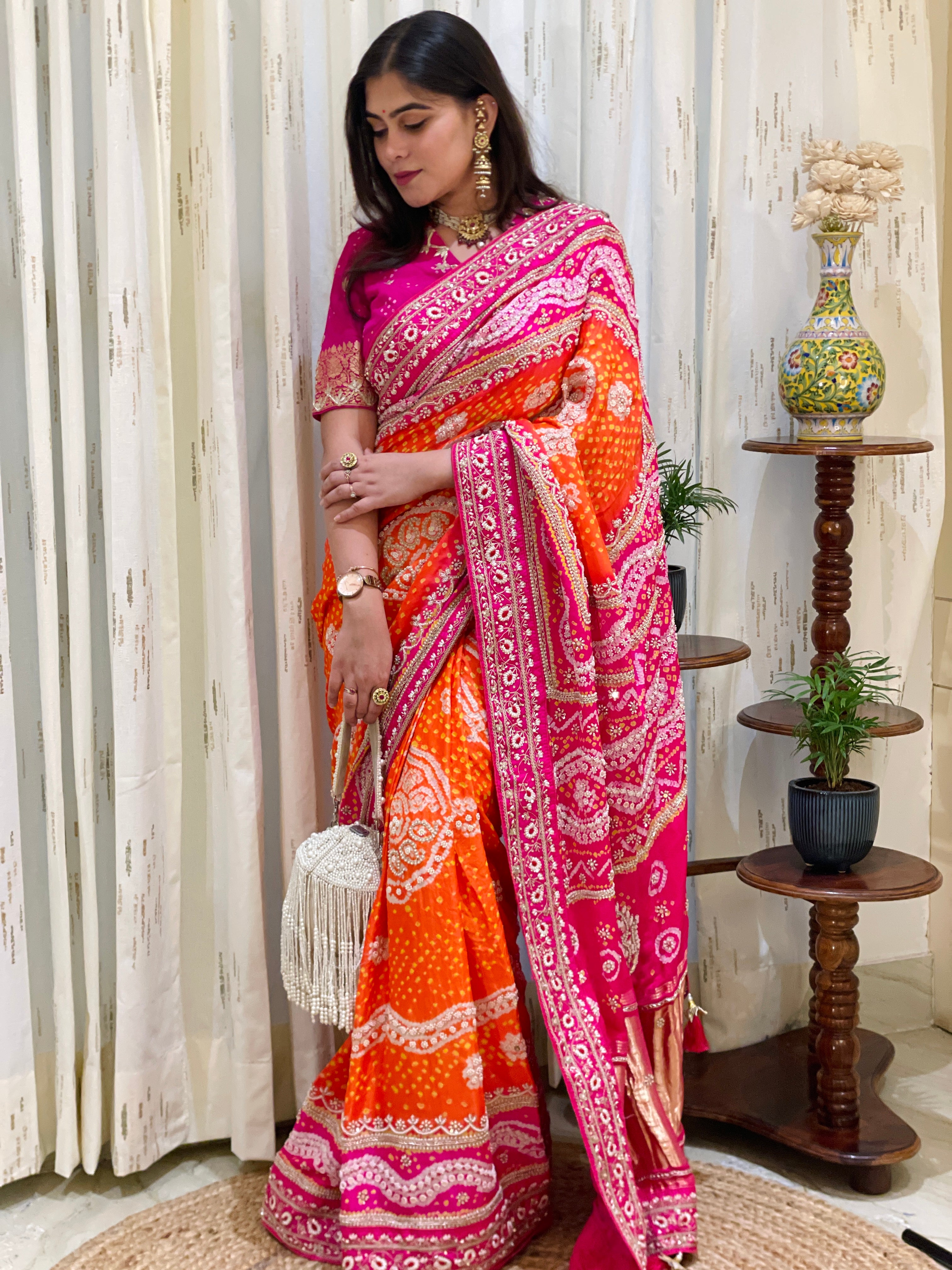 Shweta Rani Orange Gajji Silk Saree