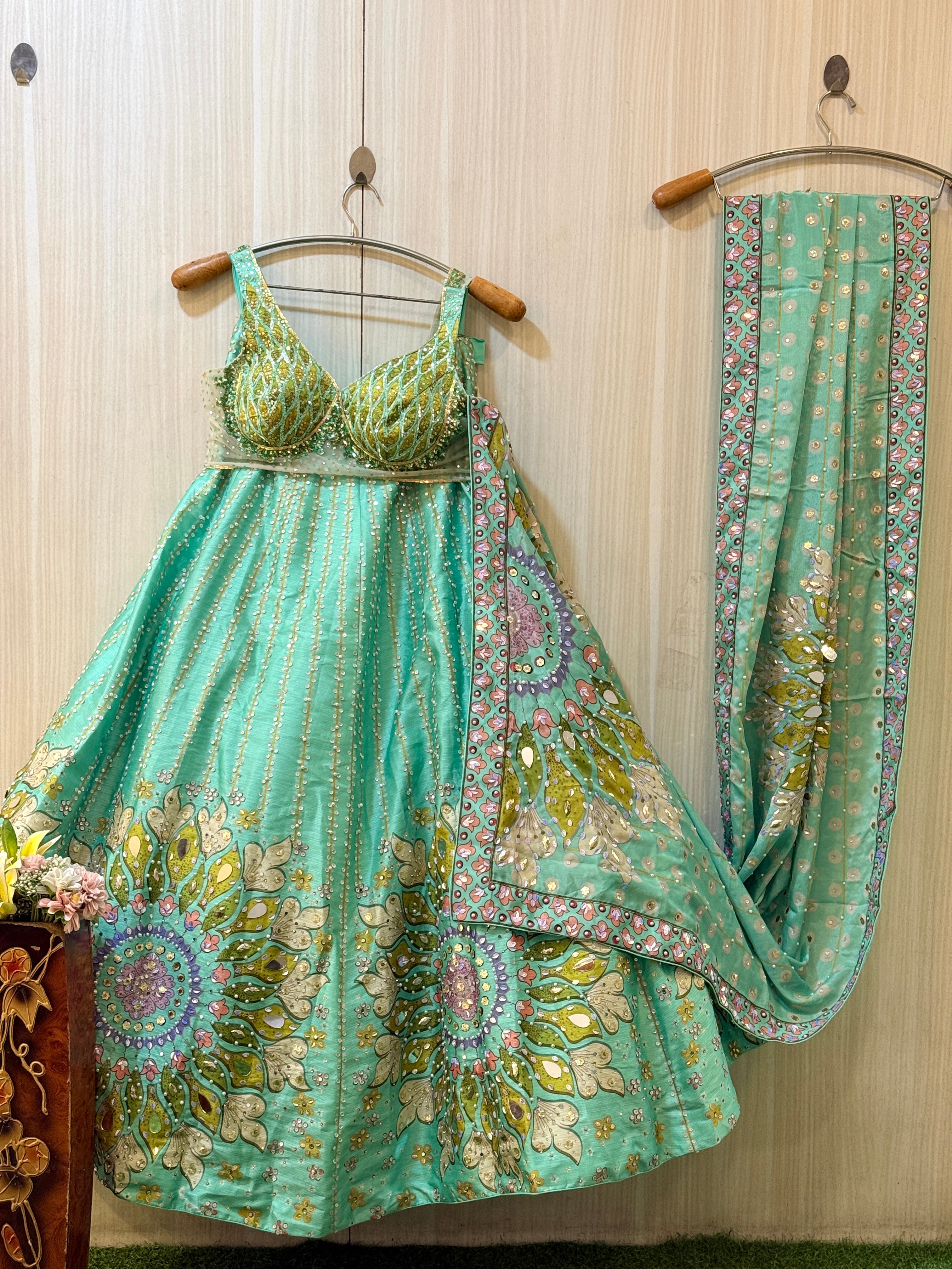Aarika Green Mirror Work Lehenga