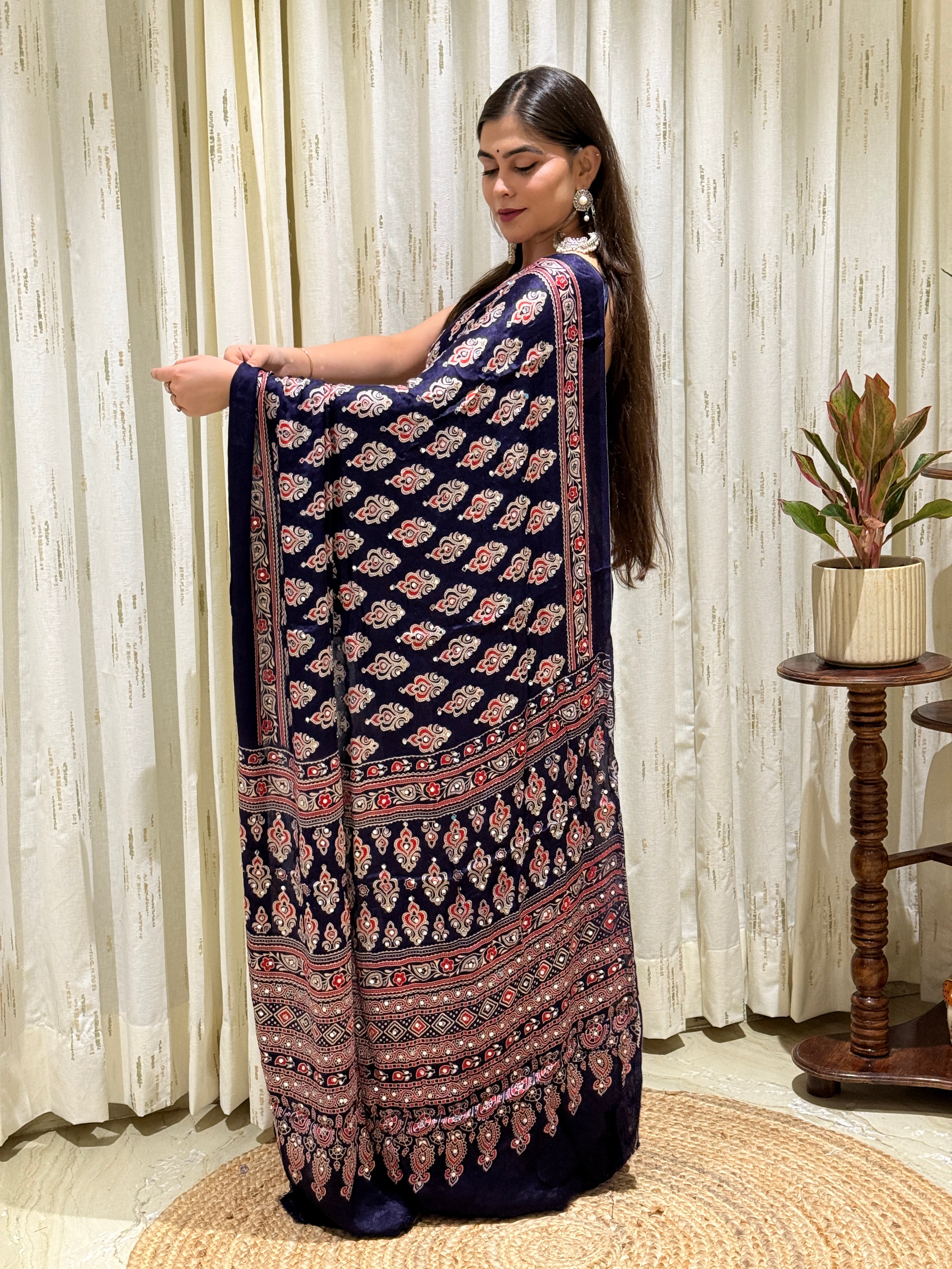 Meher Navy Modal Silk Ajrakh Saree