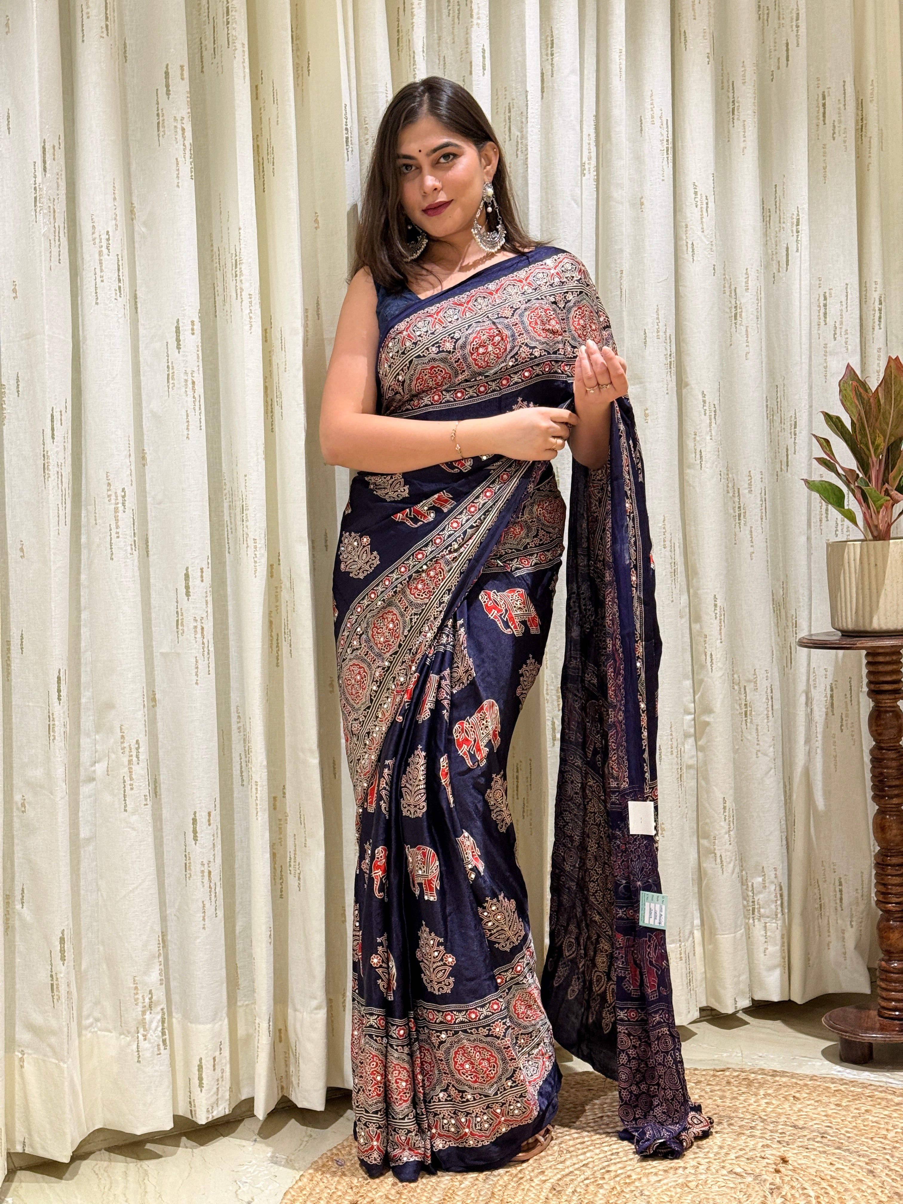 Meher Navy Modal Silk Ajrakh Saree