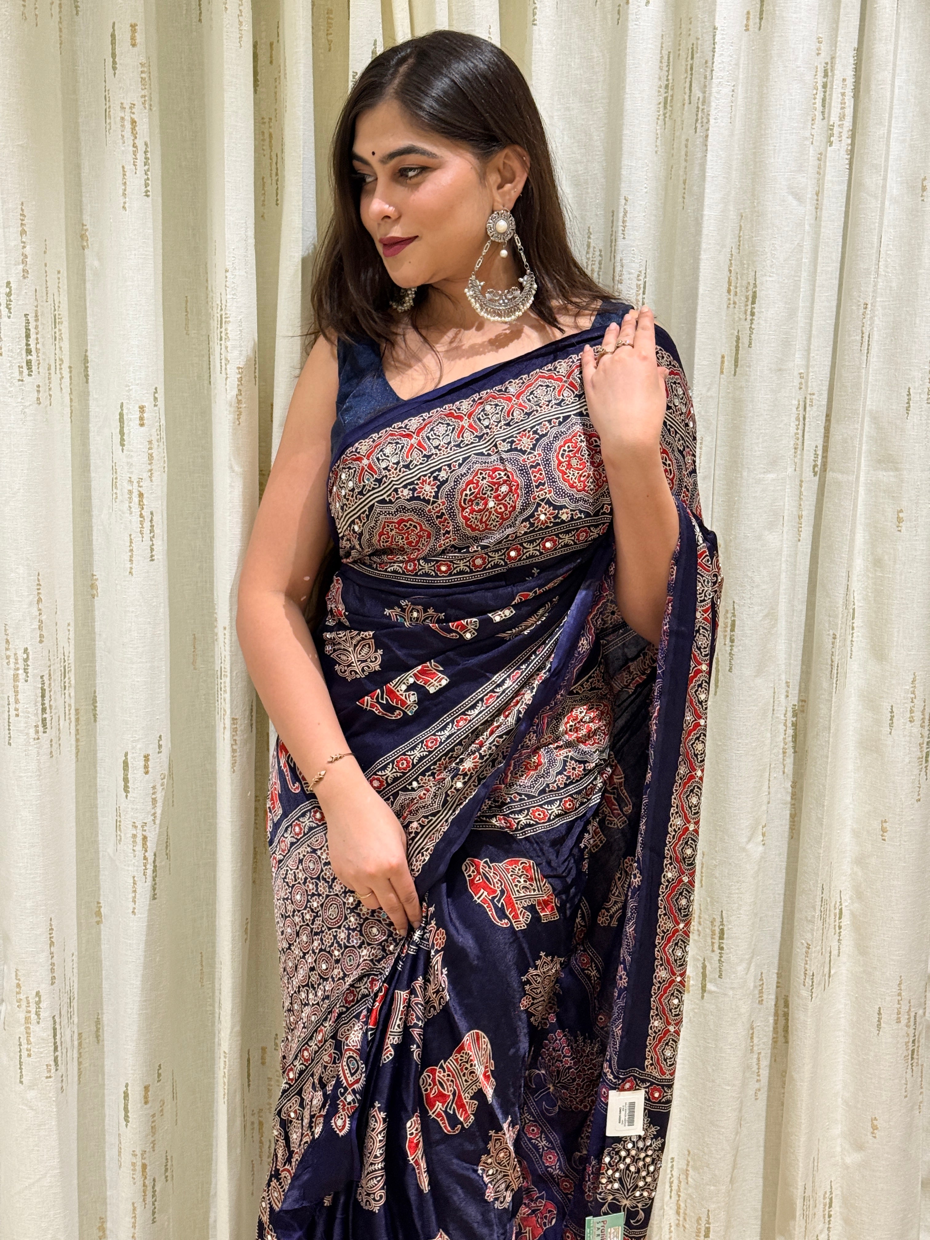 Meher Navy Modal Silk Ajrakh Saree