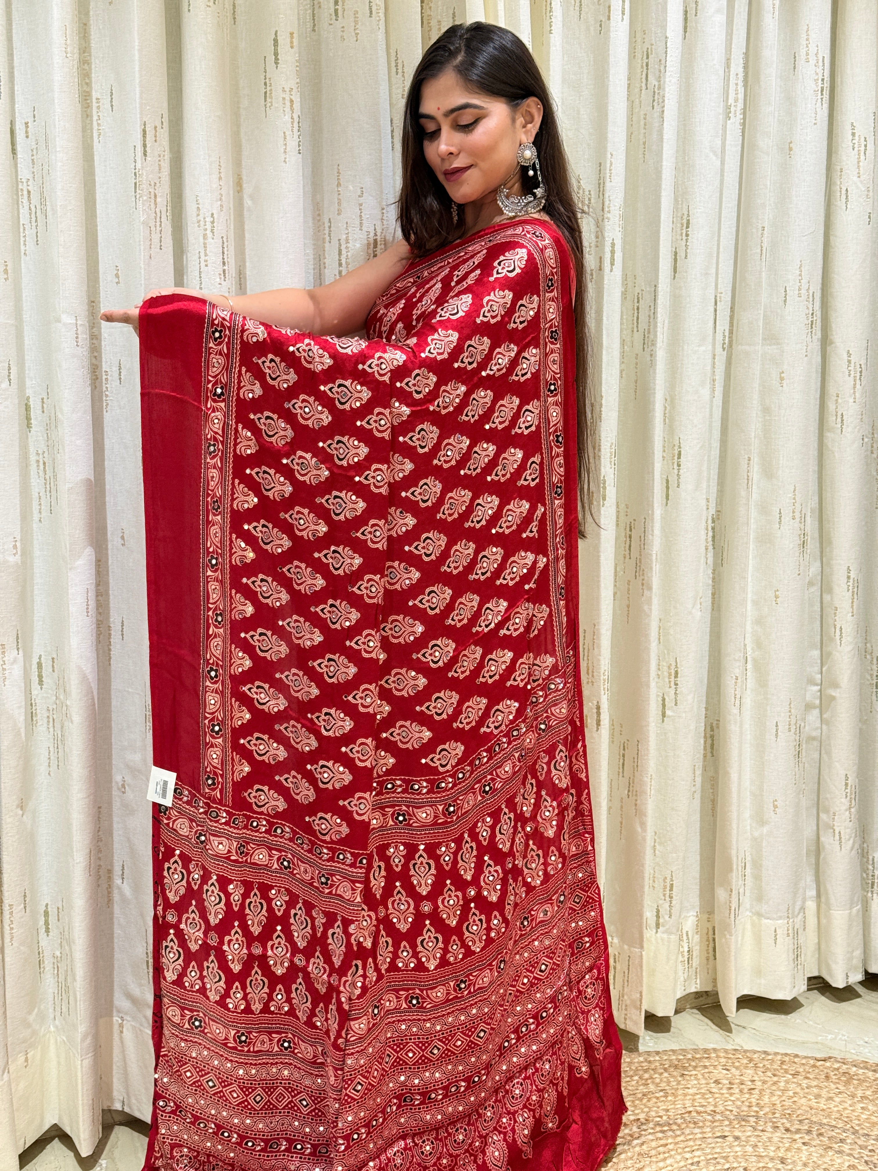 Eira Red Modal Silk Ajrakh Saree