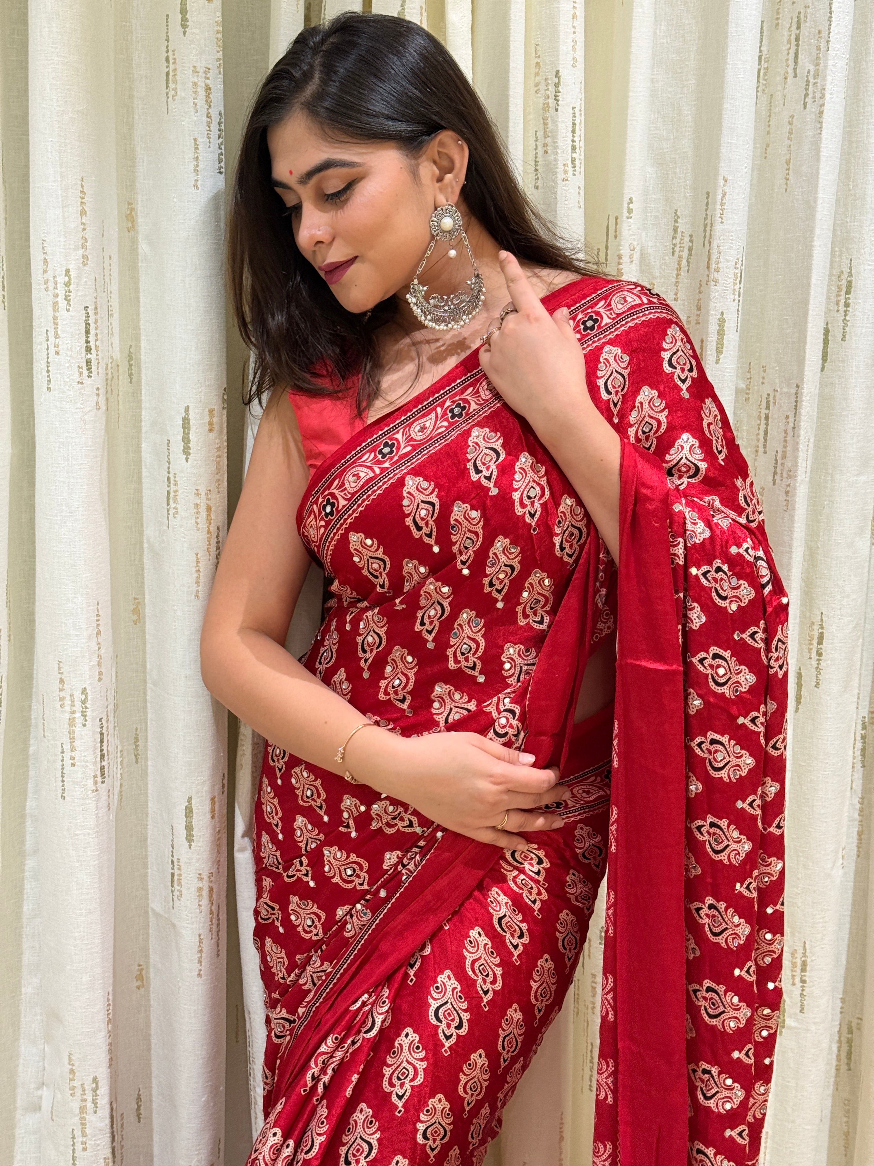 Eira Red Modal Silk Ajrakh Saree