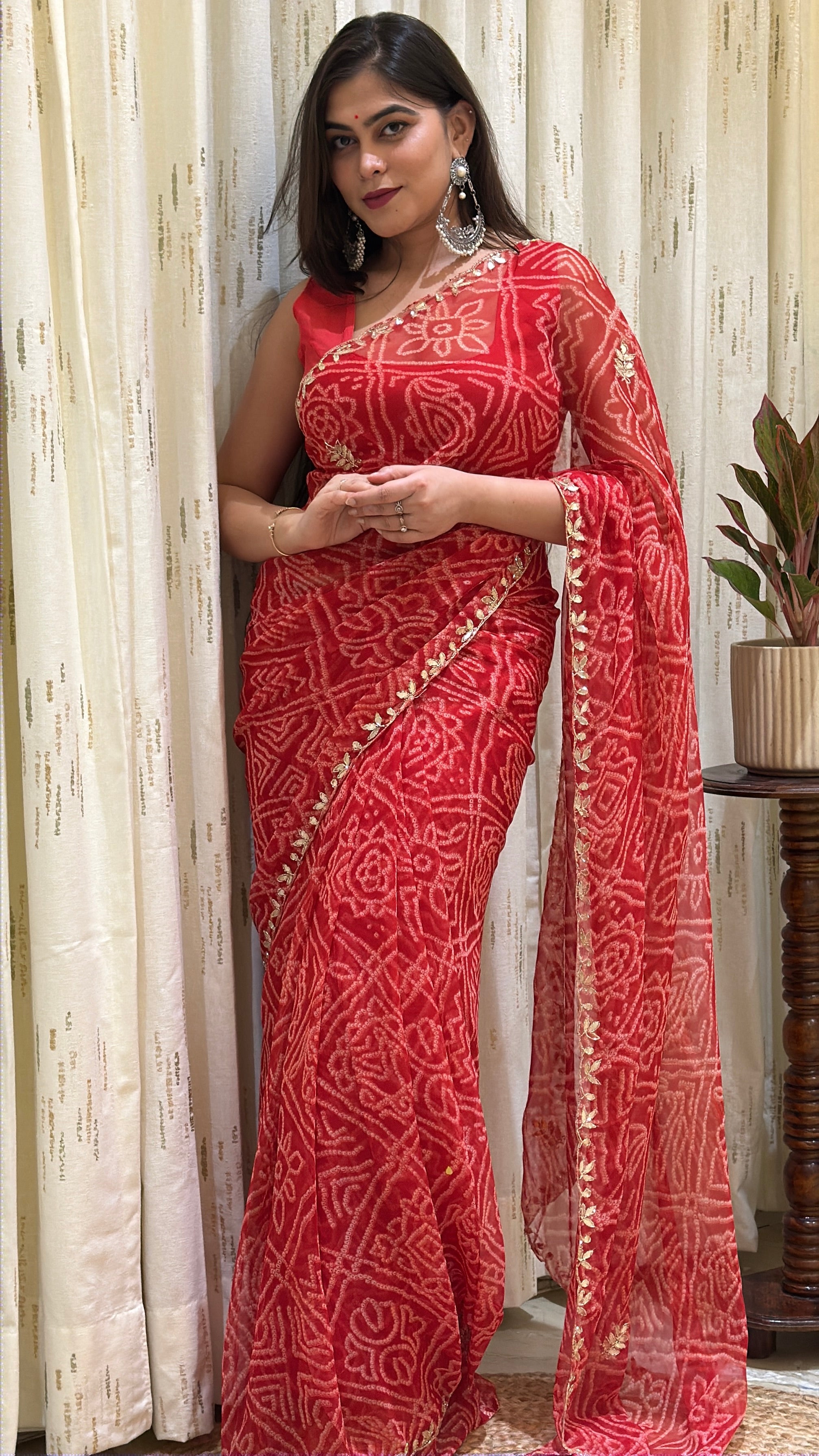 Maitri Red Georgette Bandhani Saree