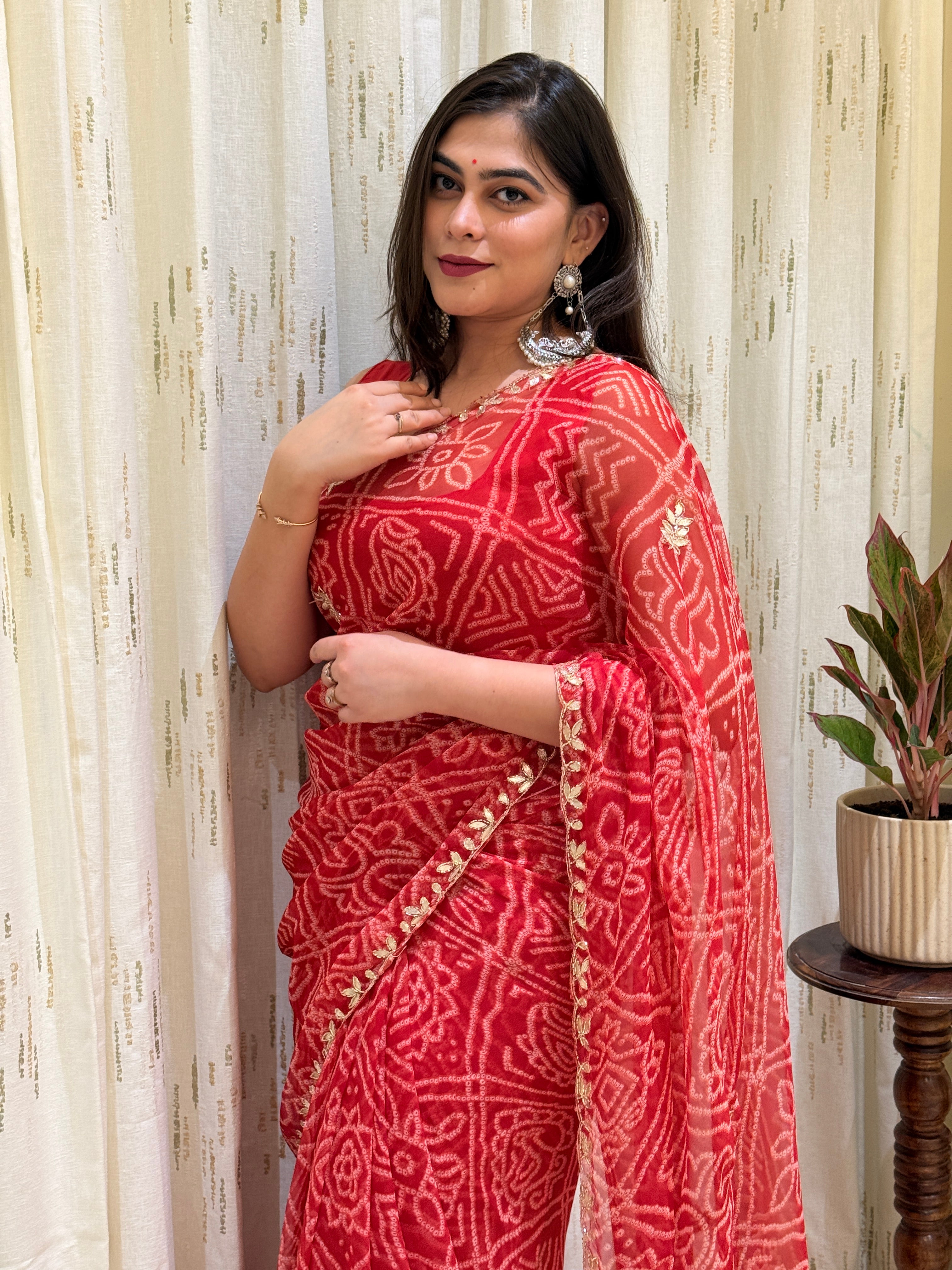 Maitri Red Georgette Bandhani Saree