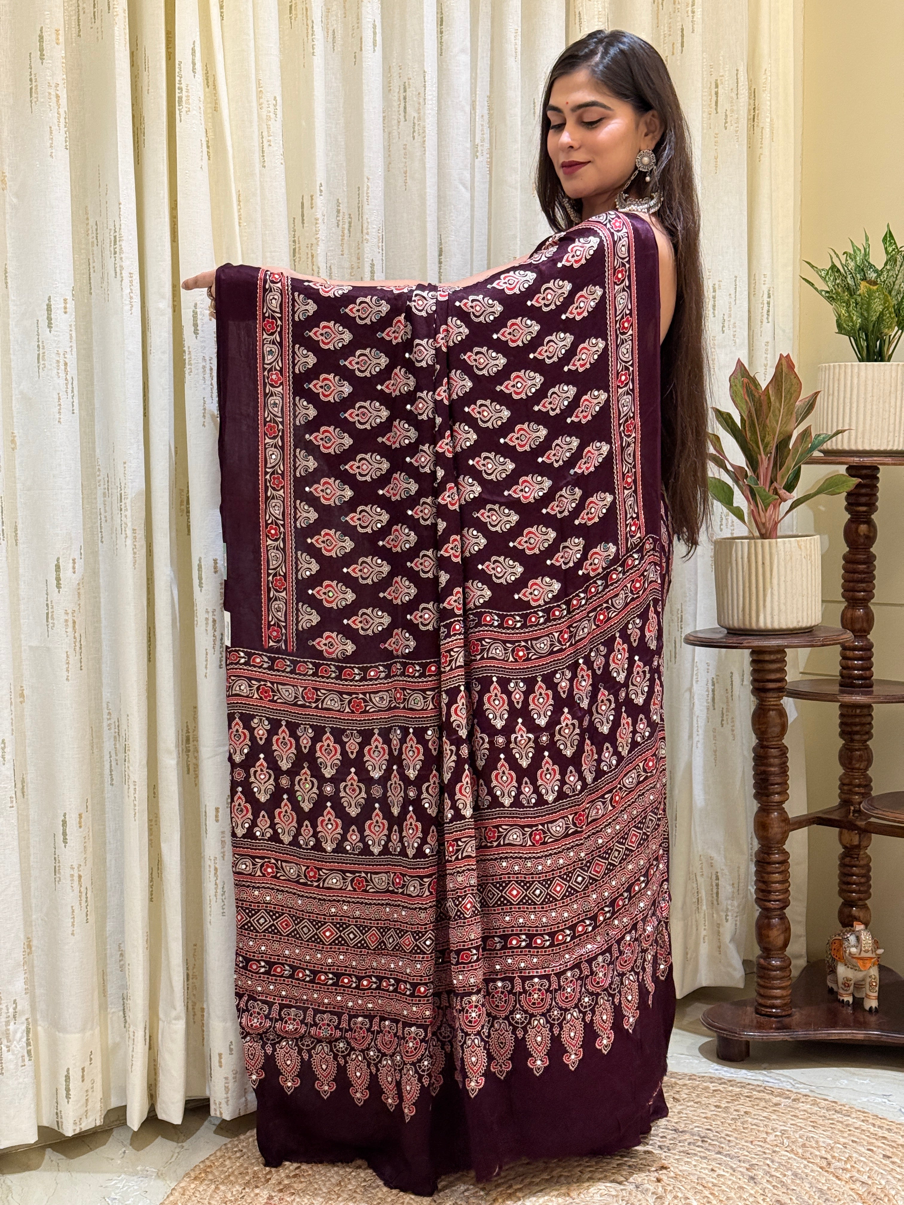 Rivanya Wine Modal Silk Ajrakh Saree