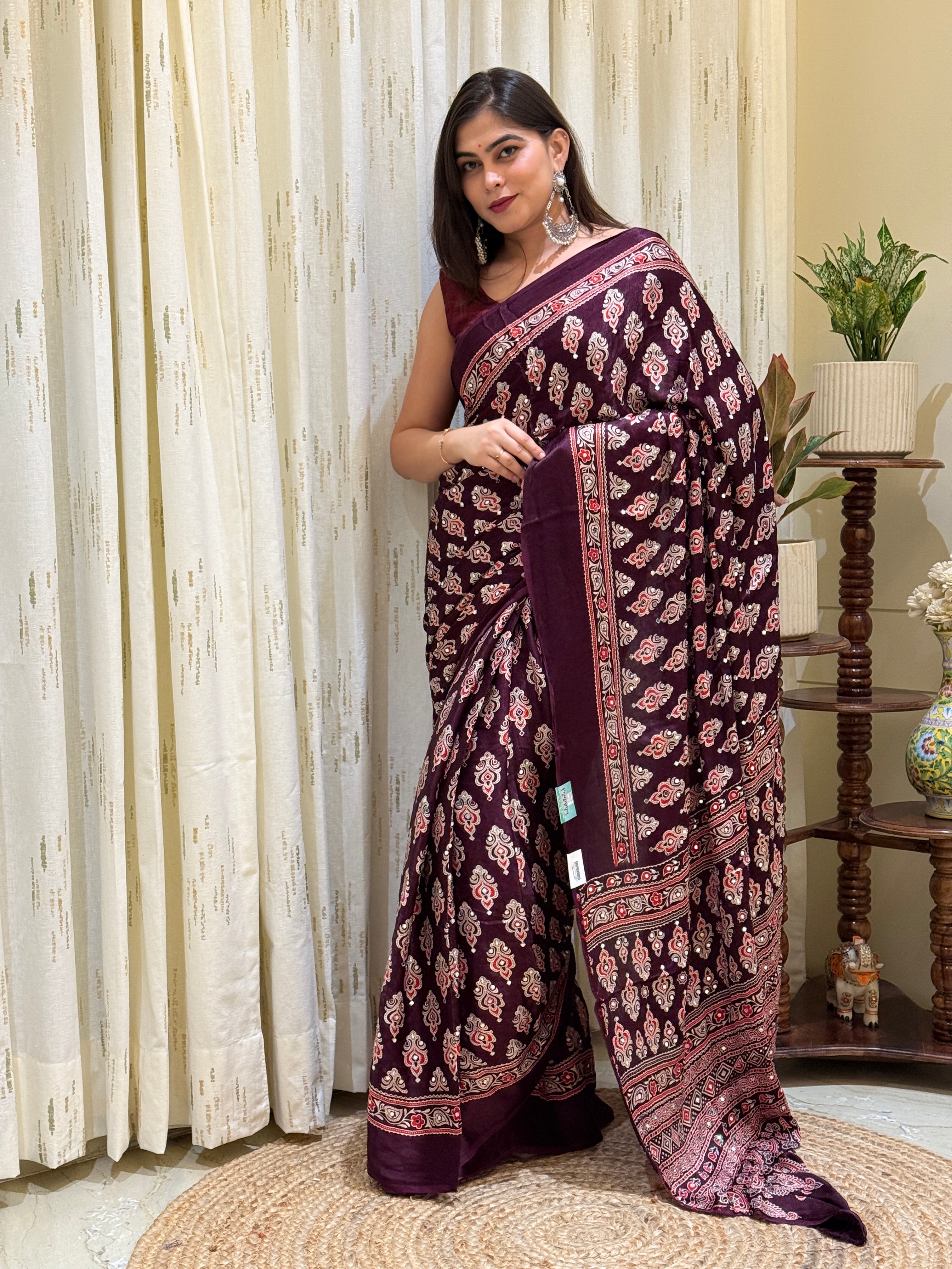 Rivanya Wine Modal Silk Ajrakh Saree
