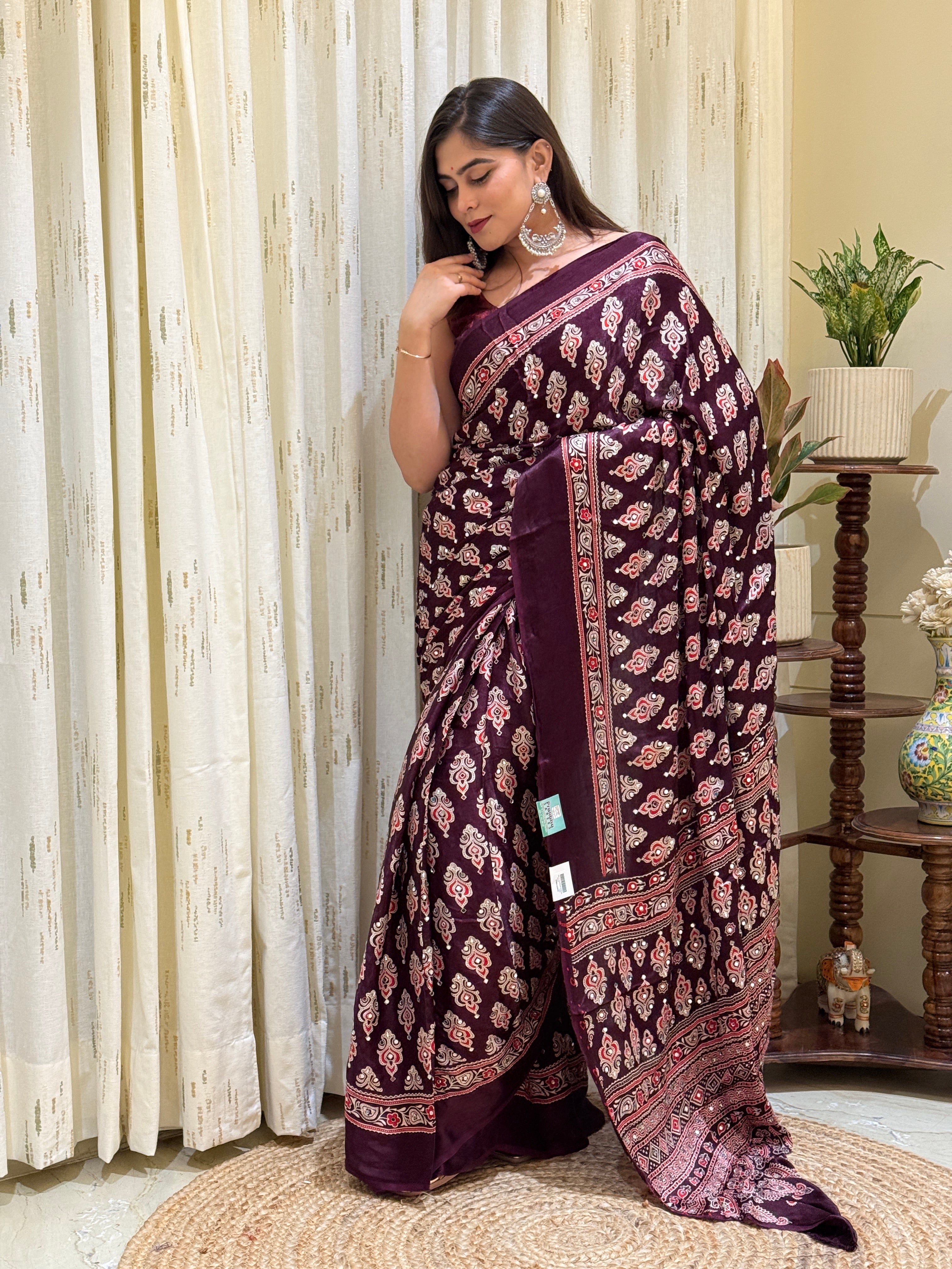 Rivanya Wine Modal Silk Ajrakh Saree