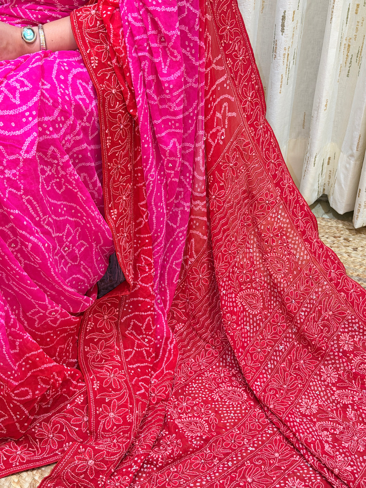 Ruhani Pink Chikankari Bandhani Saree