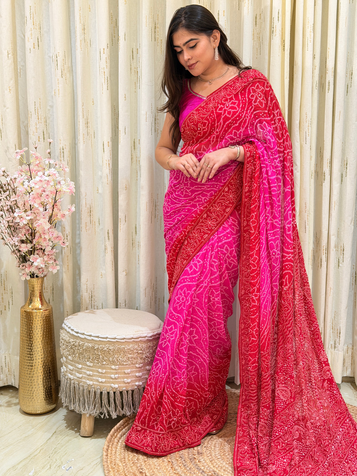 Ruhani Pink Chikankari Bandhani Saree