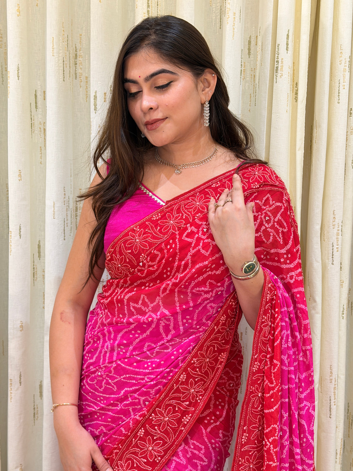 Ruhani Pink Chikankari Bandhani Saree