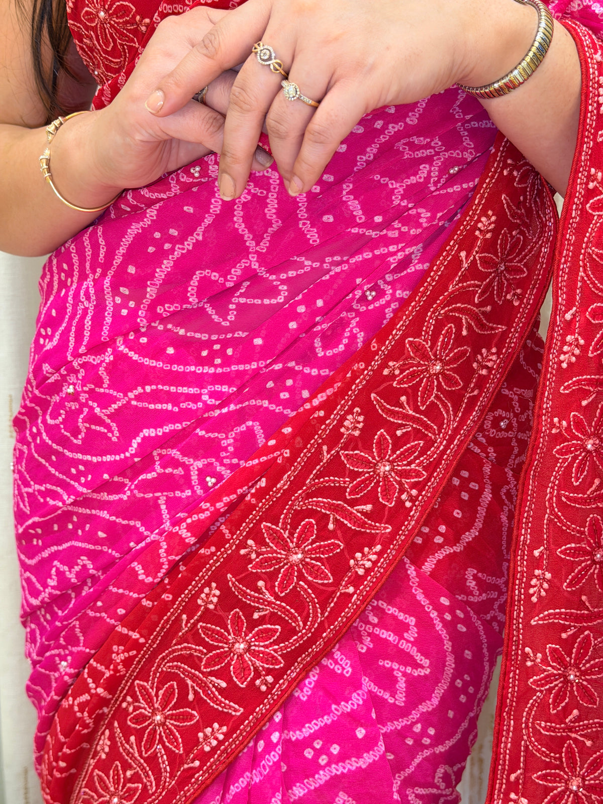 Ruhani Pink Chikankari Bandhani Saree