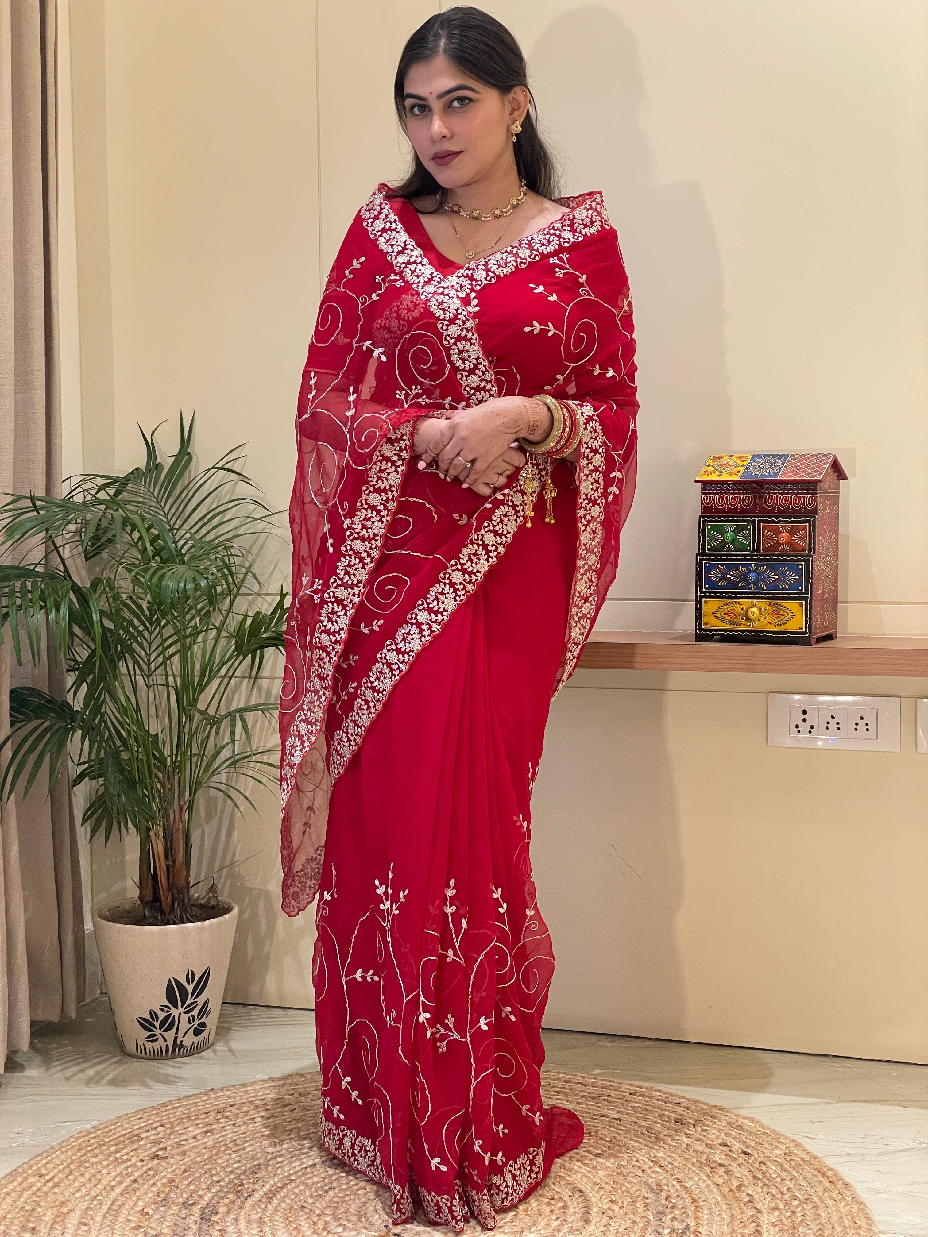 Meera Red Chiffon Saree