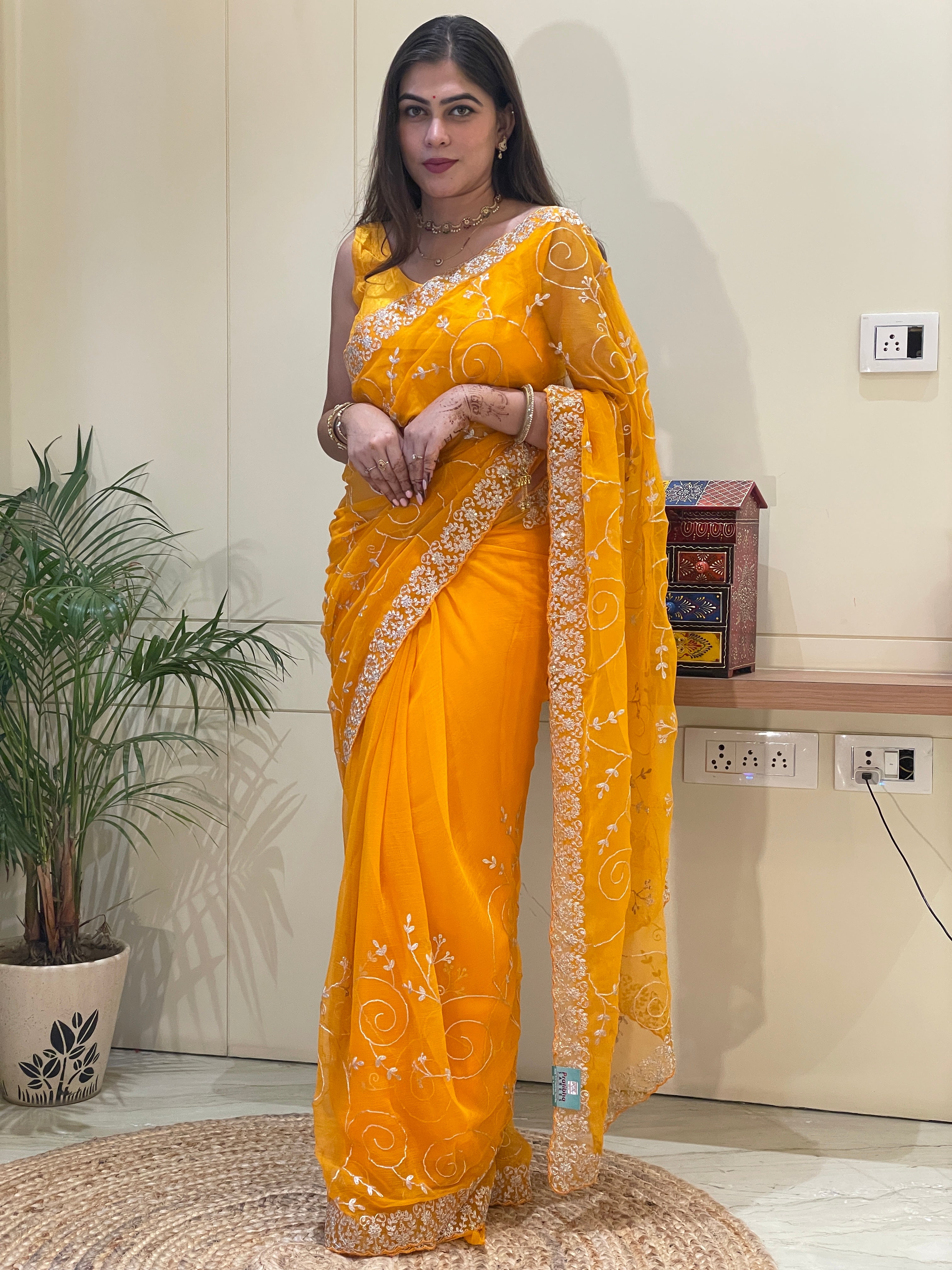 Nitya Yellow Chiffon Saree
