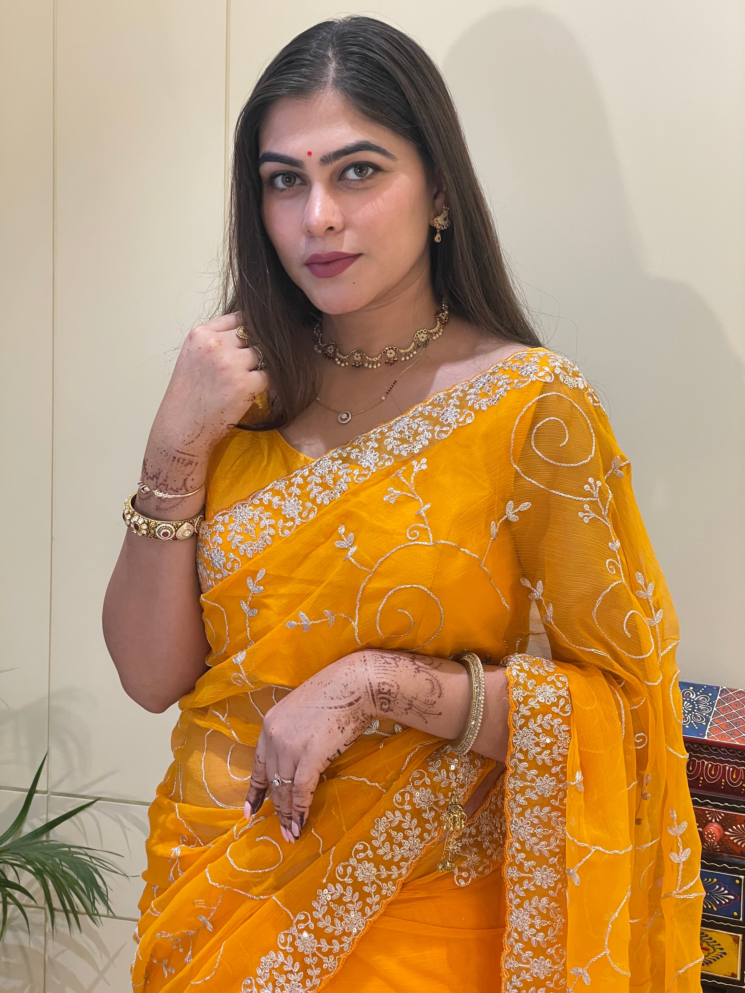 Nitya Yellow Chiffon Saree