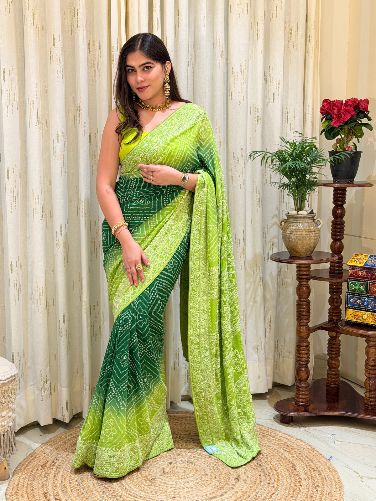 Haritika Green Chikankari Bandhani Saree