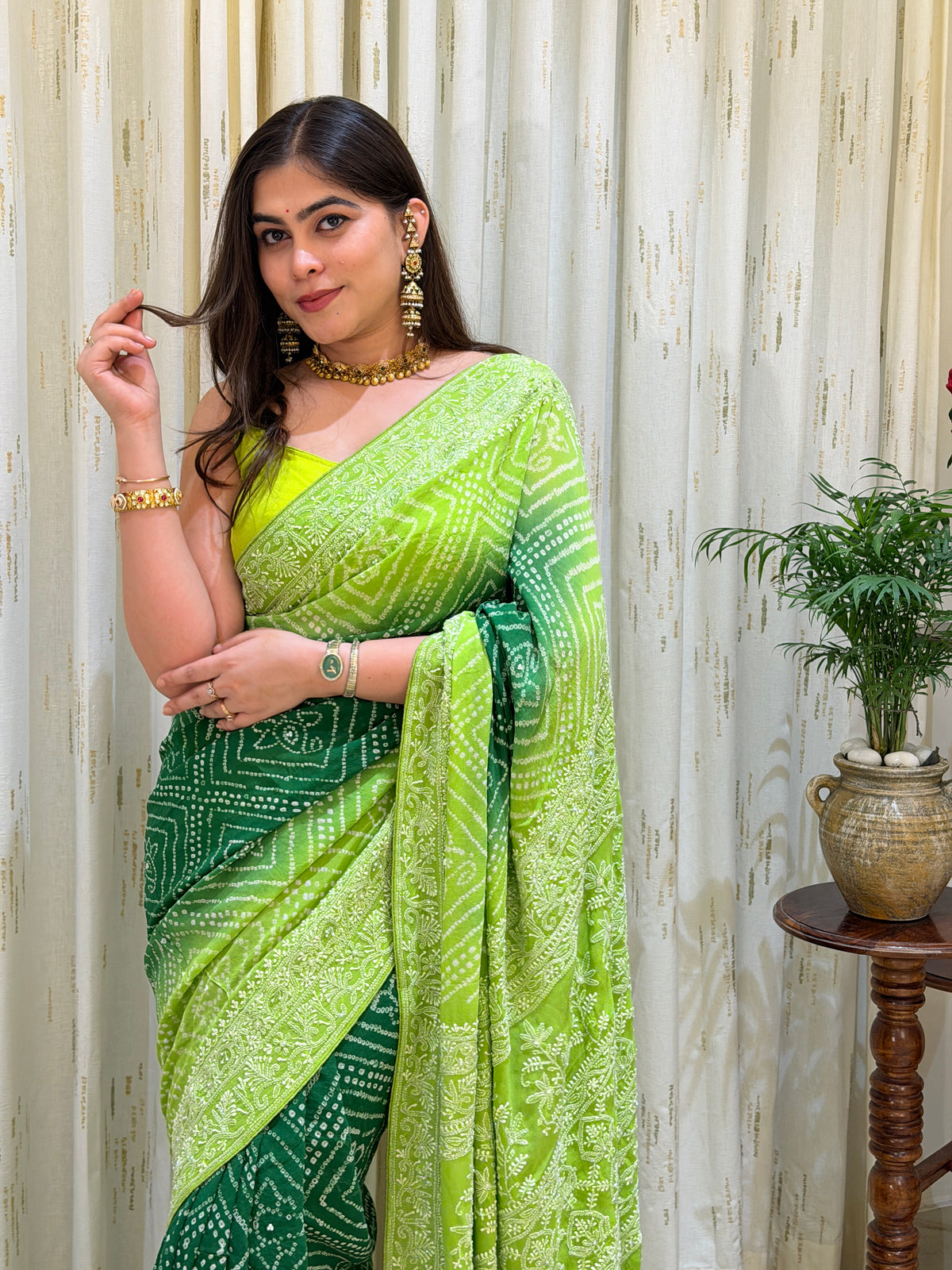 Haritika Green Chikankari Bandhani Saree
