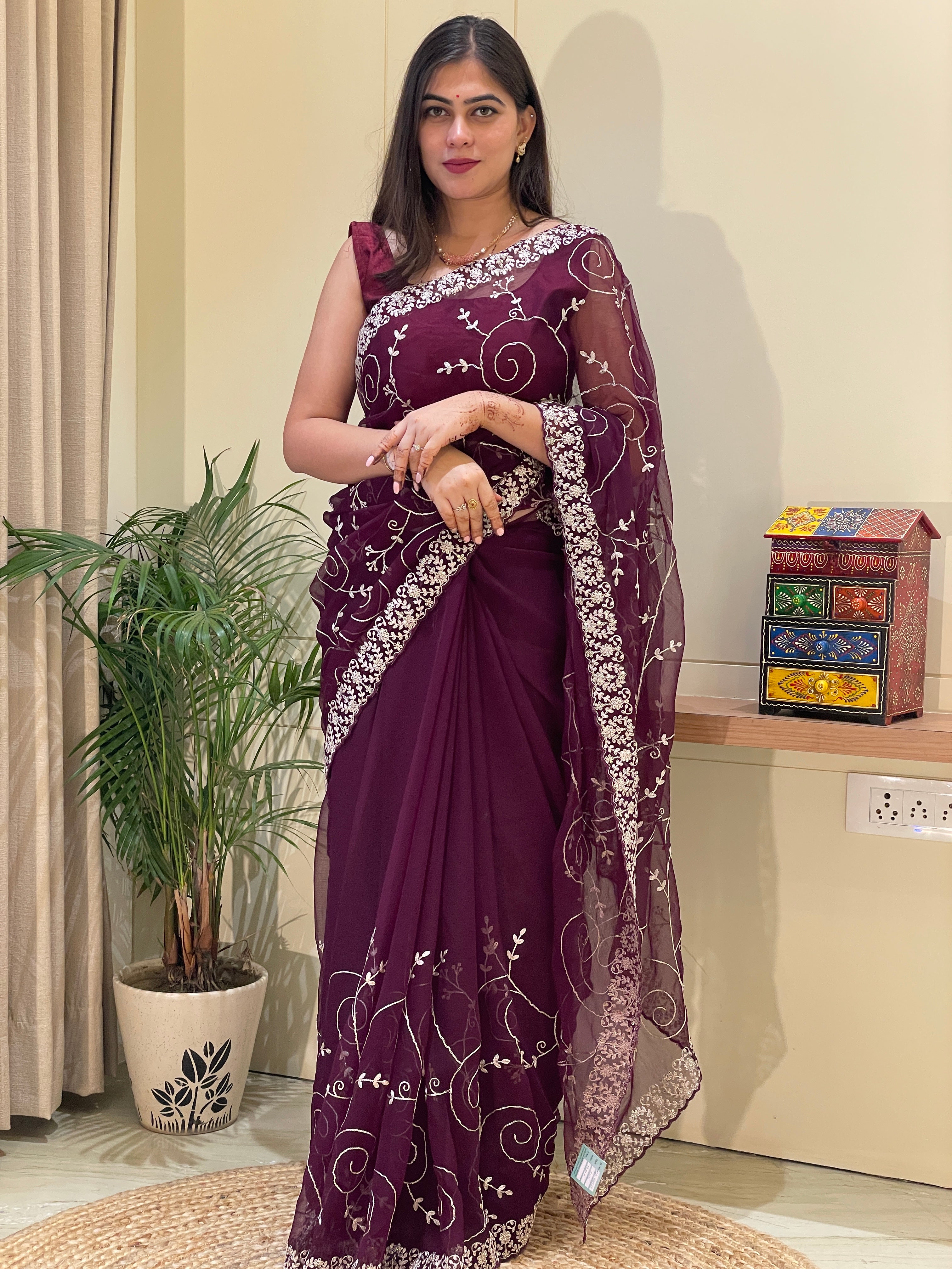 Tanya Wine Chiffon Saree