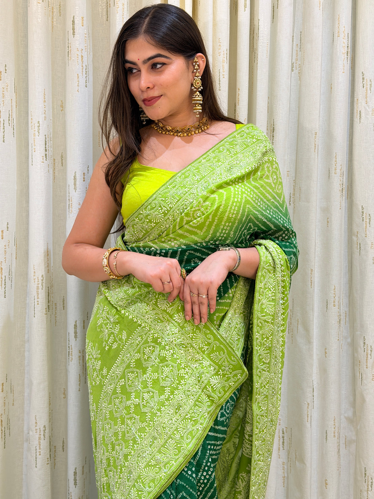 Haritika Green Chikankari Bandhani Saree