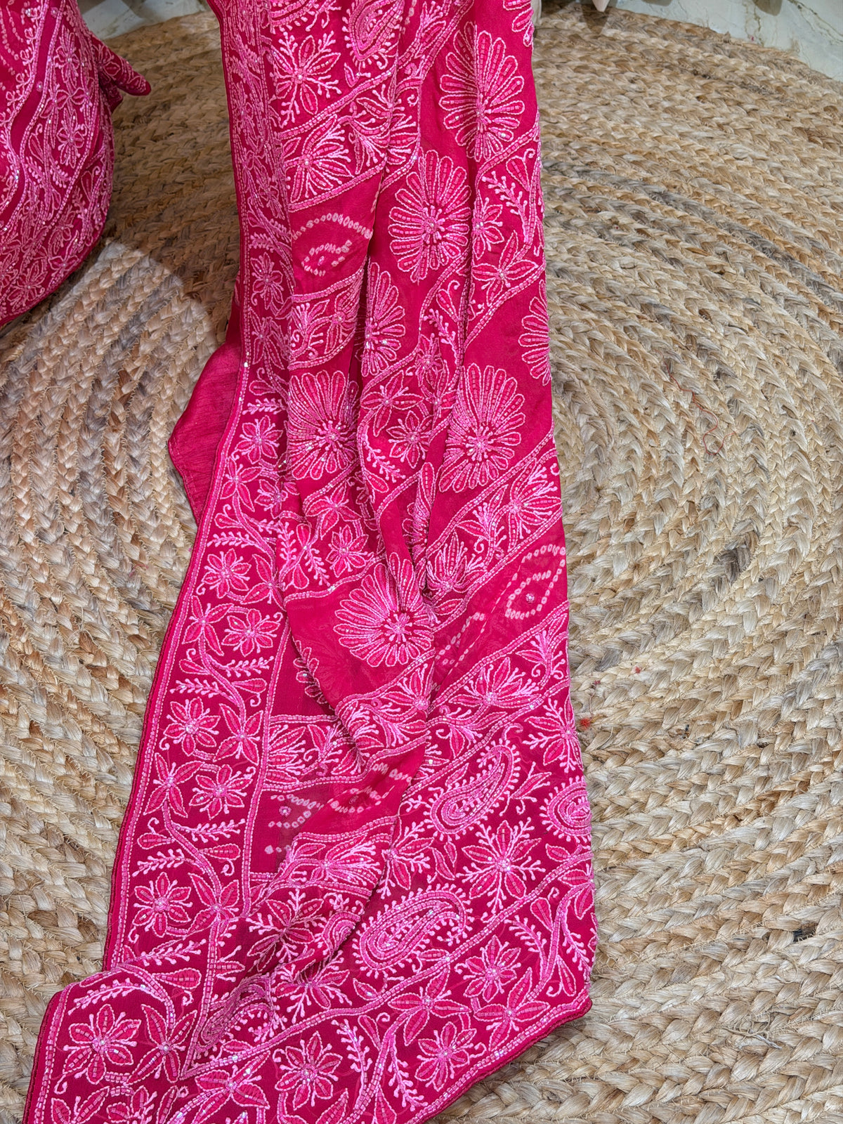 Gulnaar Pink & Orange Chikankari Bandhani Saree