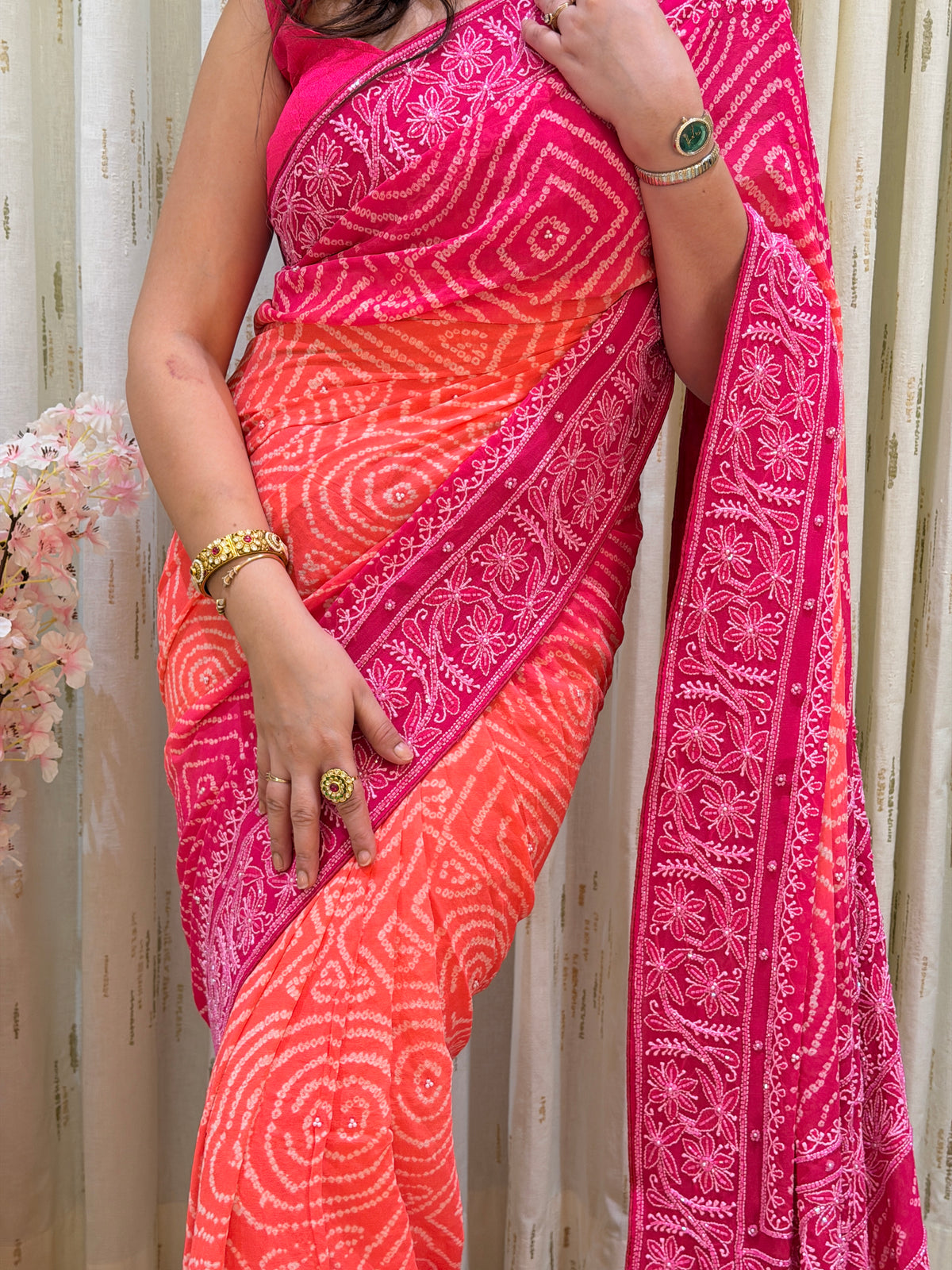 Gulnaar Pink & Orange Chikankari Bandhani Saree