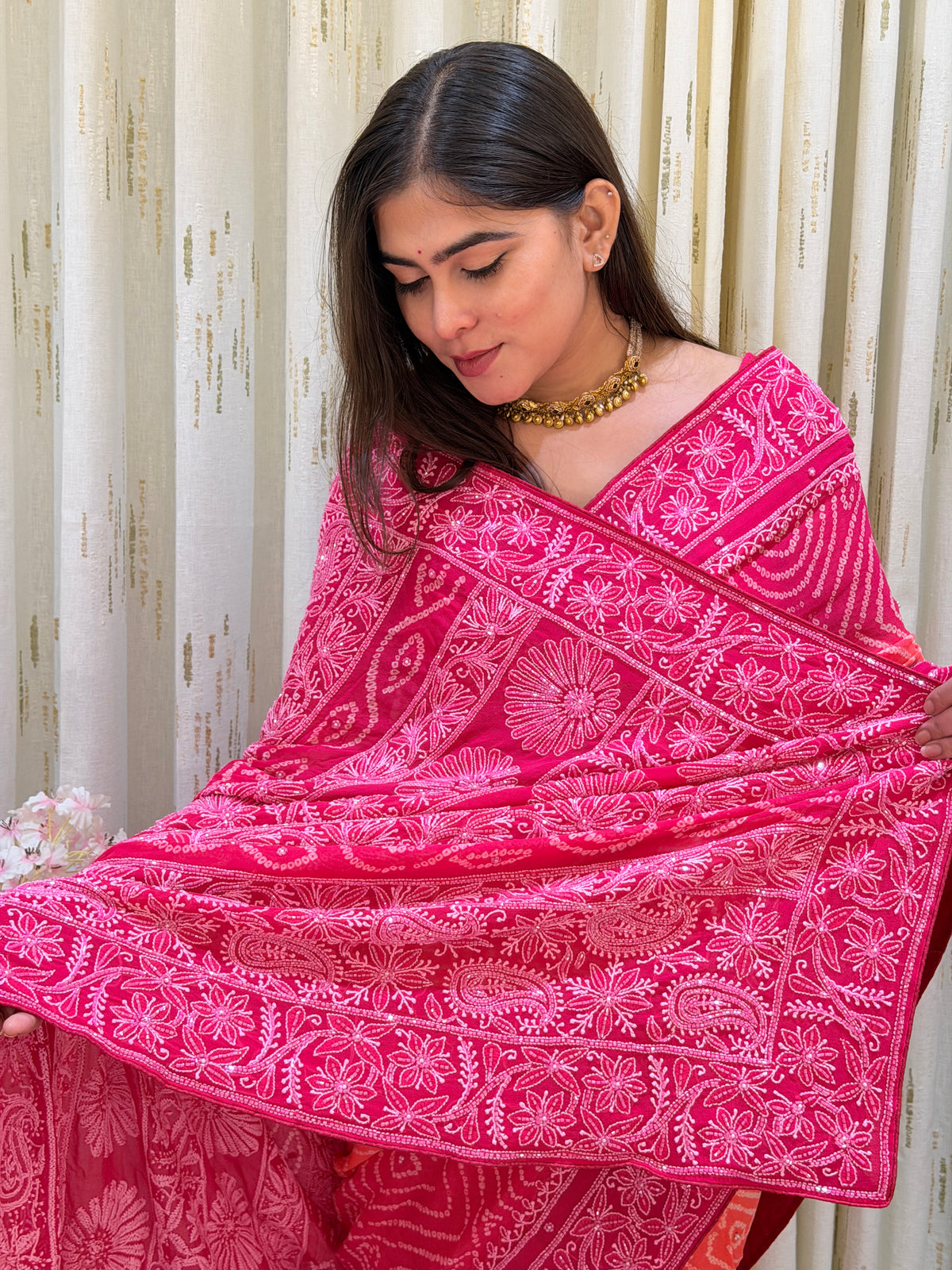 Gulnaar Pink & Orange Chikankari Bandhani Saree