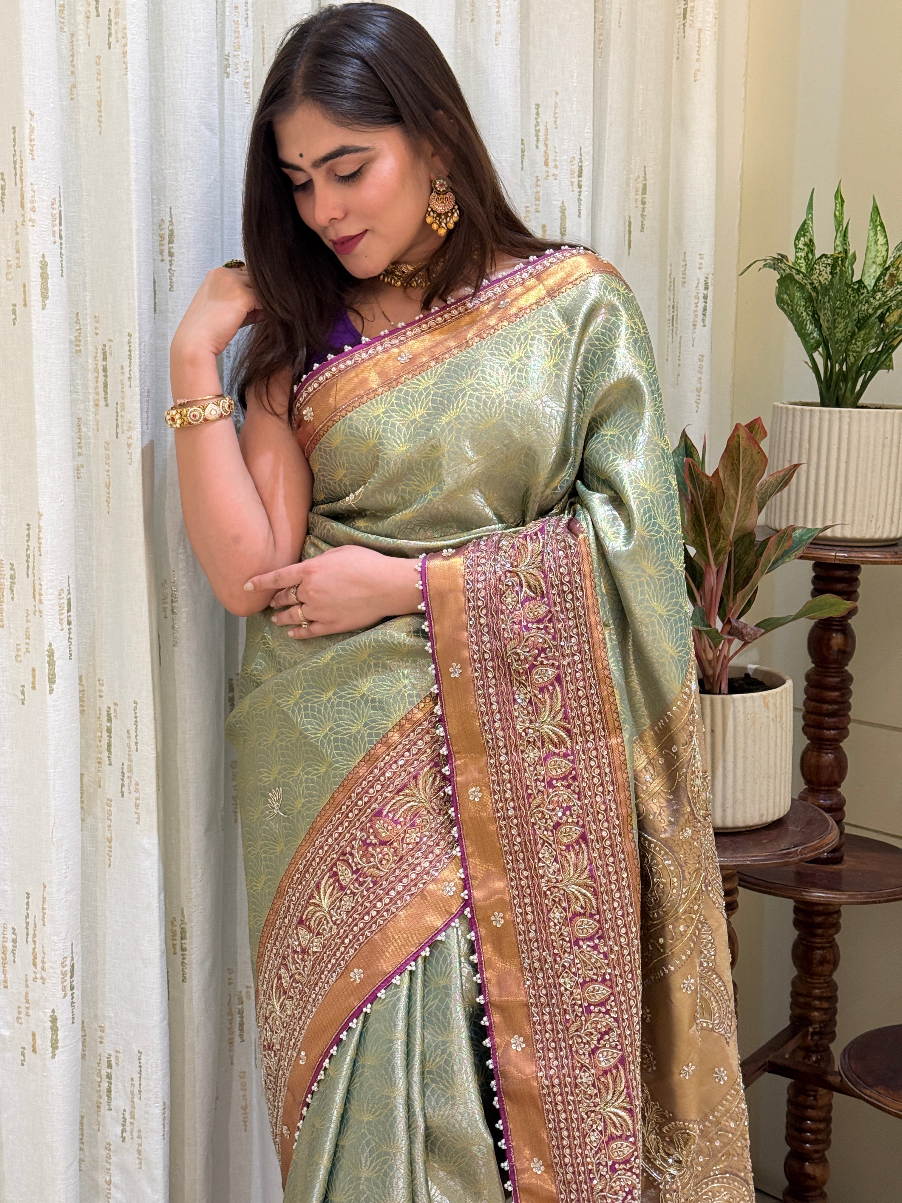 Vanya Purple Pista Kanchivaram Silk Saree