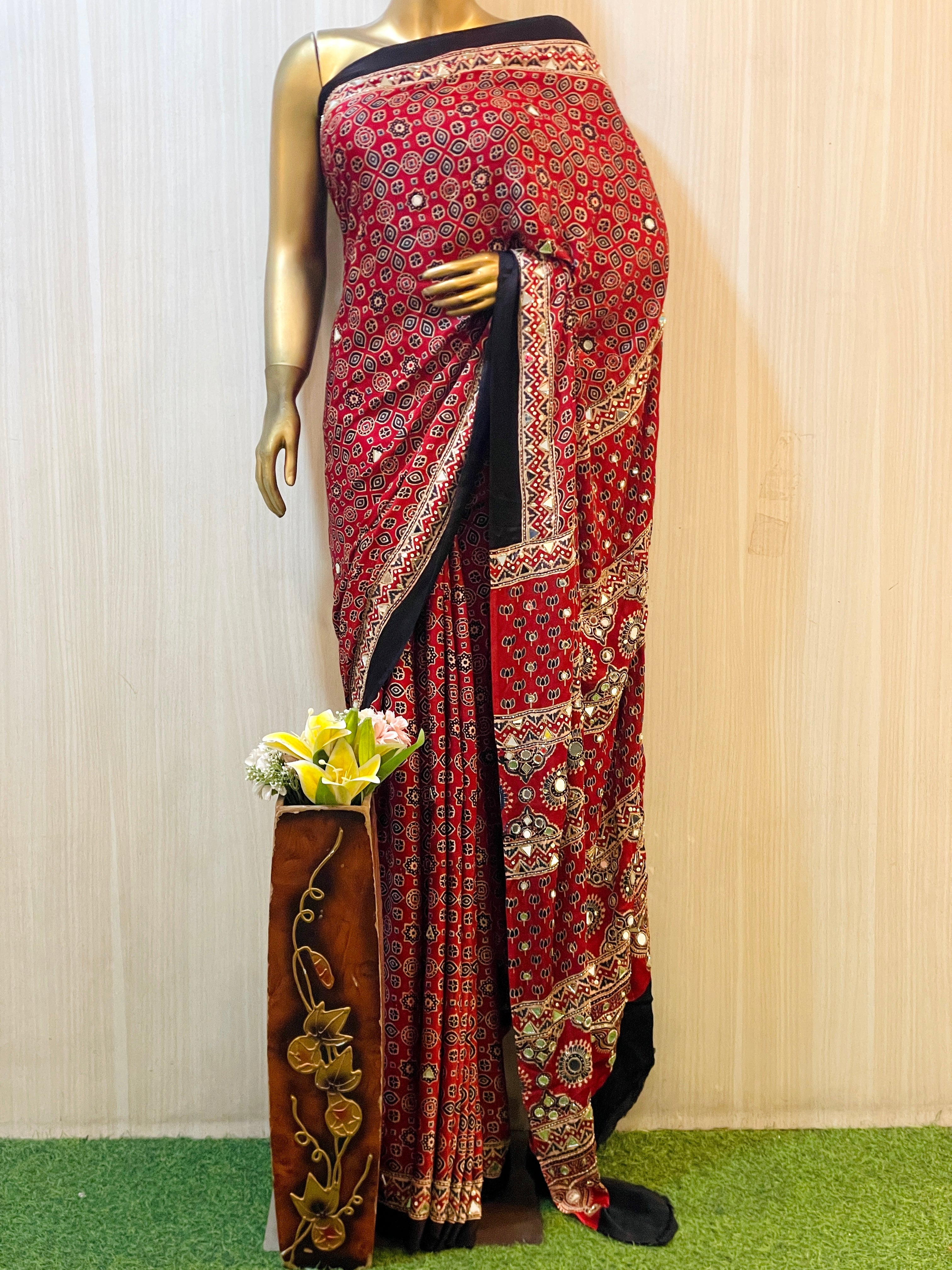 Shweta Red Modal Silk Ajrakh Saree