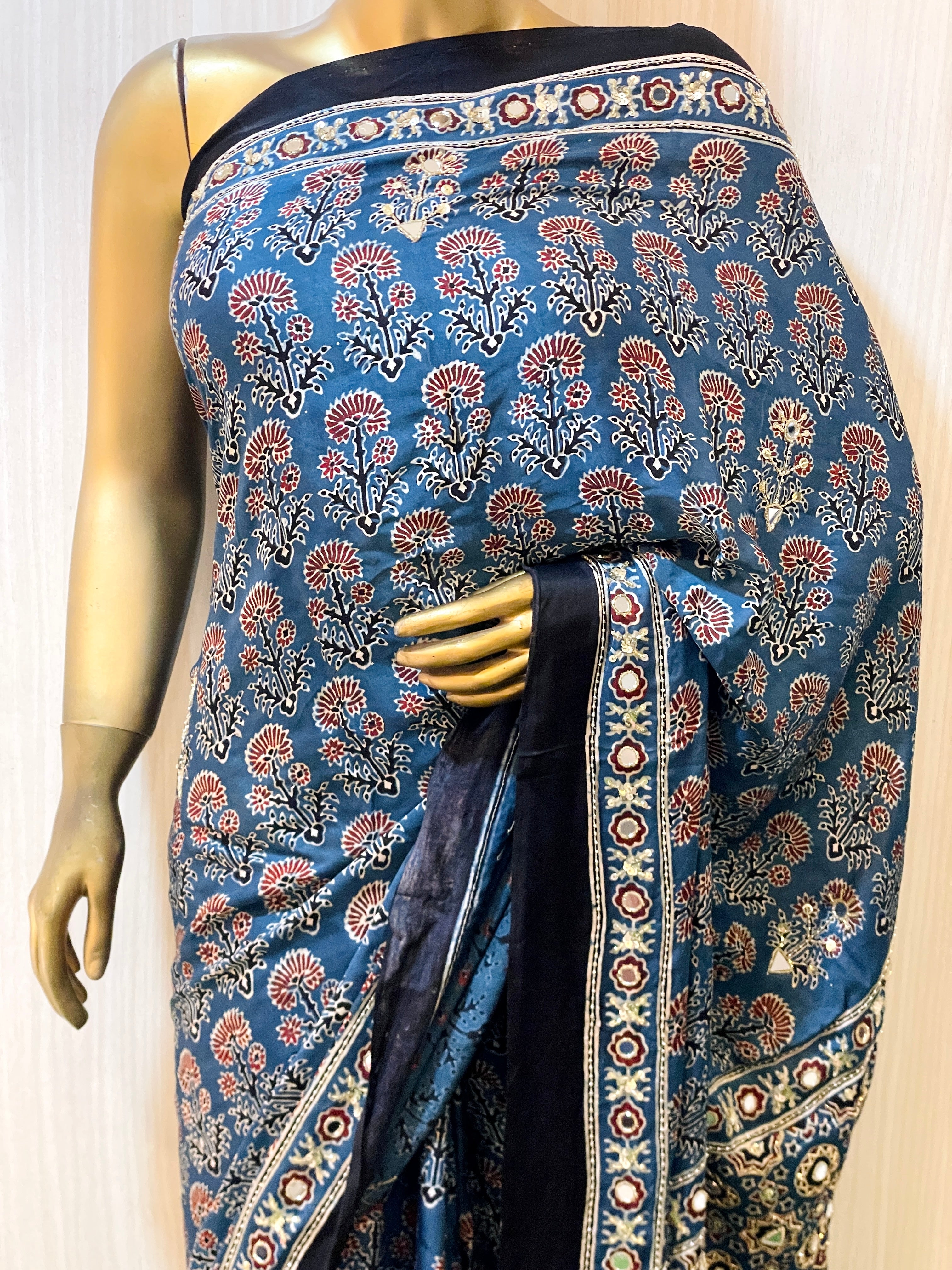 Vipasha Blue Modal Silk Ajrakh Saree