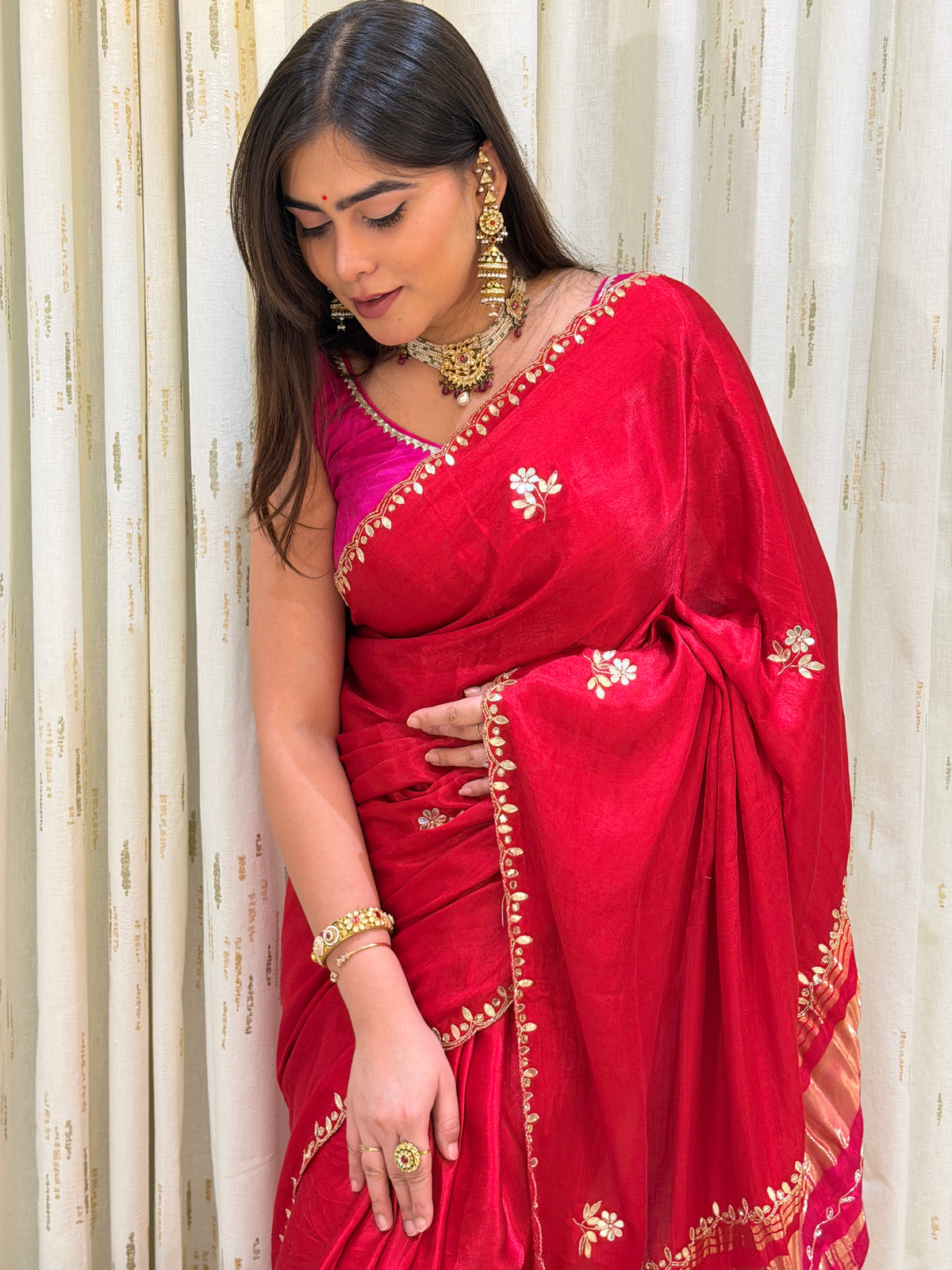 Navdurga Red & Rani Pink Pure Gaji Silk Saree