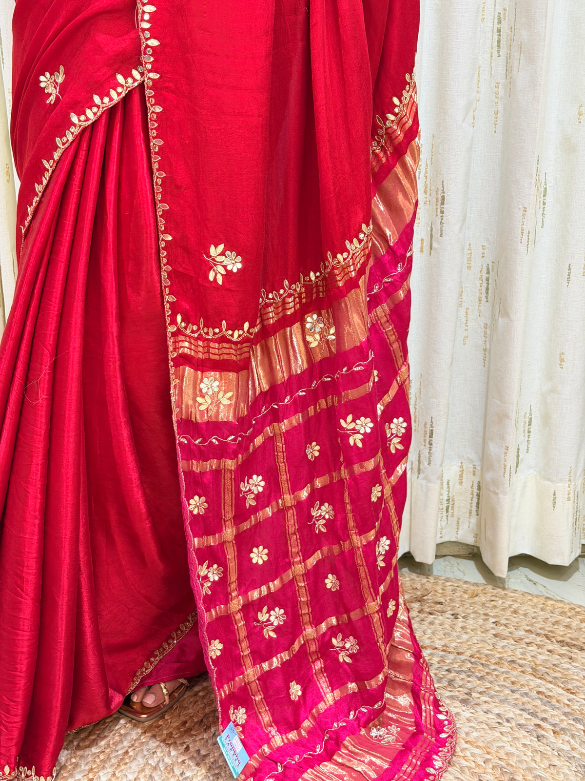 Navdurga Red & Rani Pink Pure Gaji Silk Saree