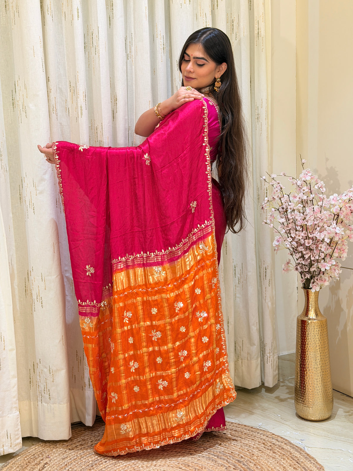 Garba Rani Pink & Orange Pure Gaji Silk Saree