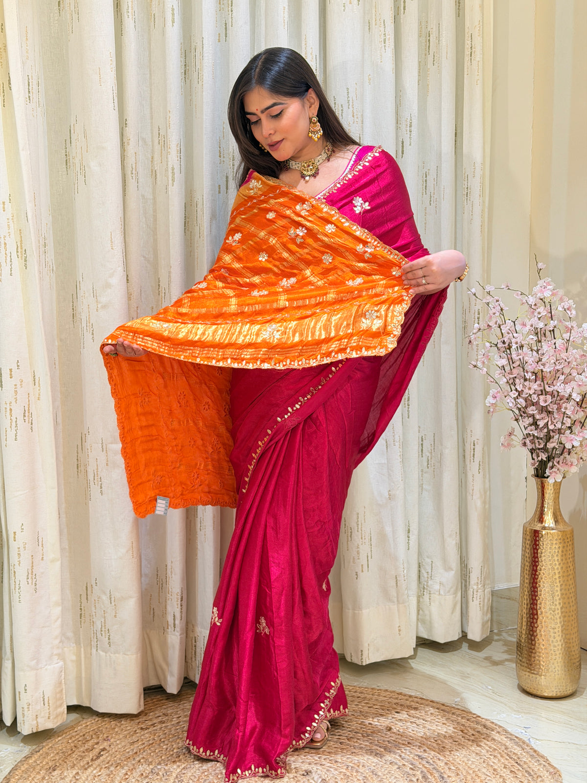 Garba Rani Pink & Orange Pure Gaji Silk Saree