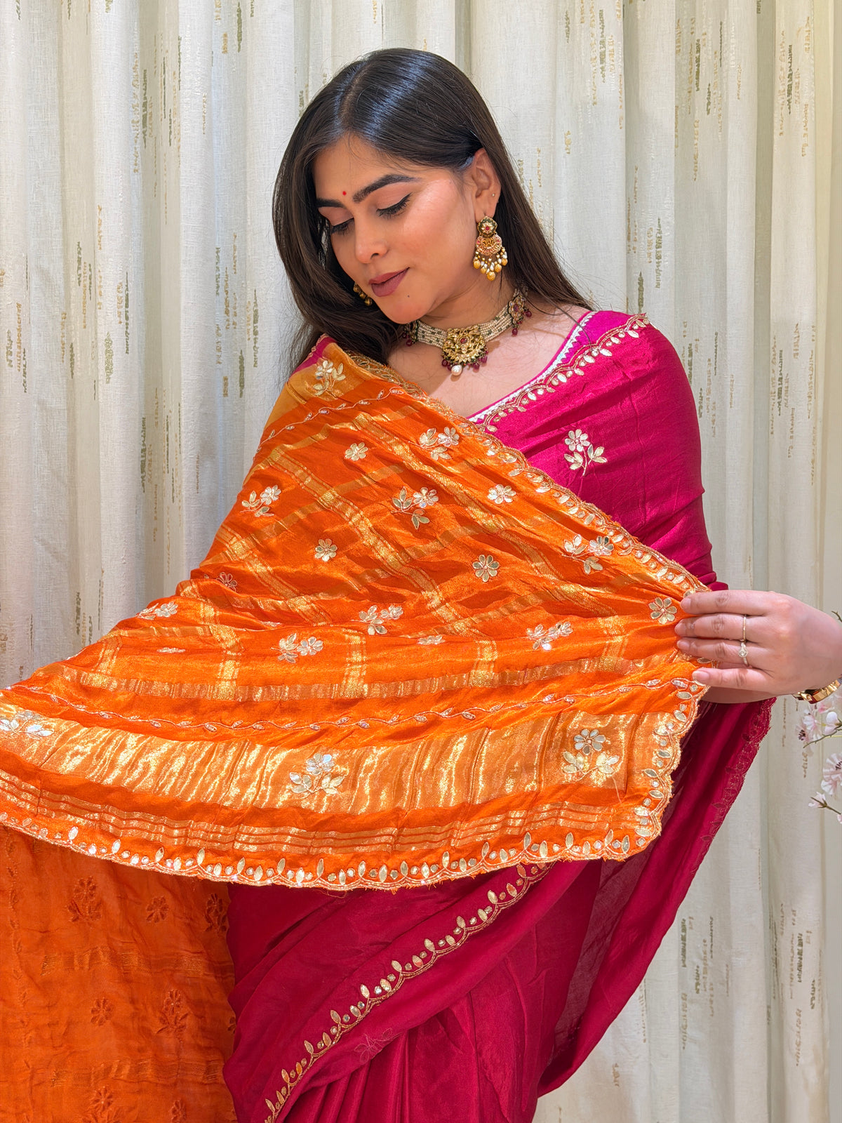 Garba Rani Pink & Orange Pure Gaji Silk Saree