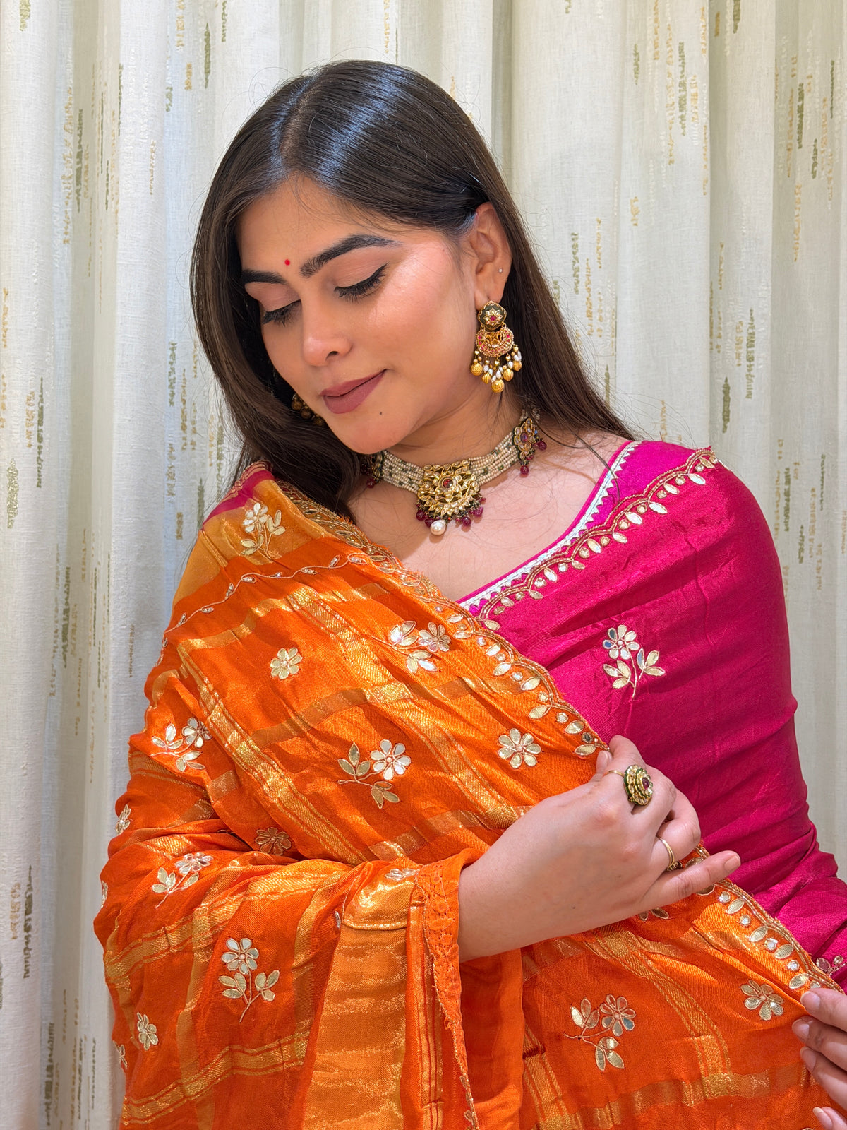 Garba Rani Pink & Orange Pure Gaji Silk Saree