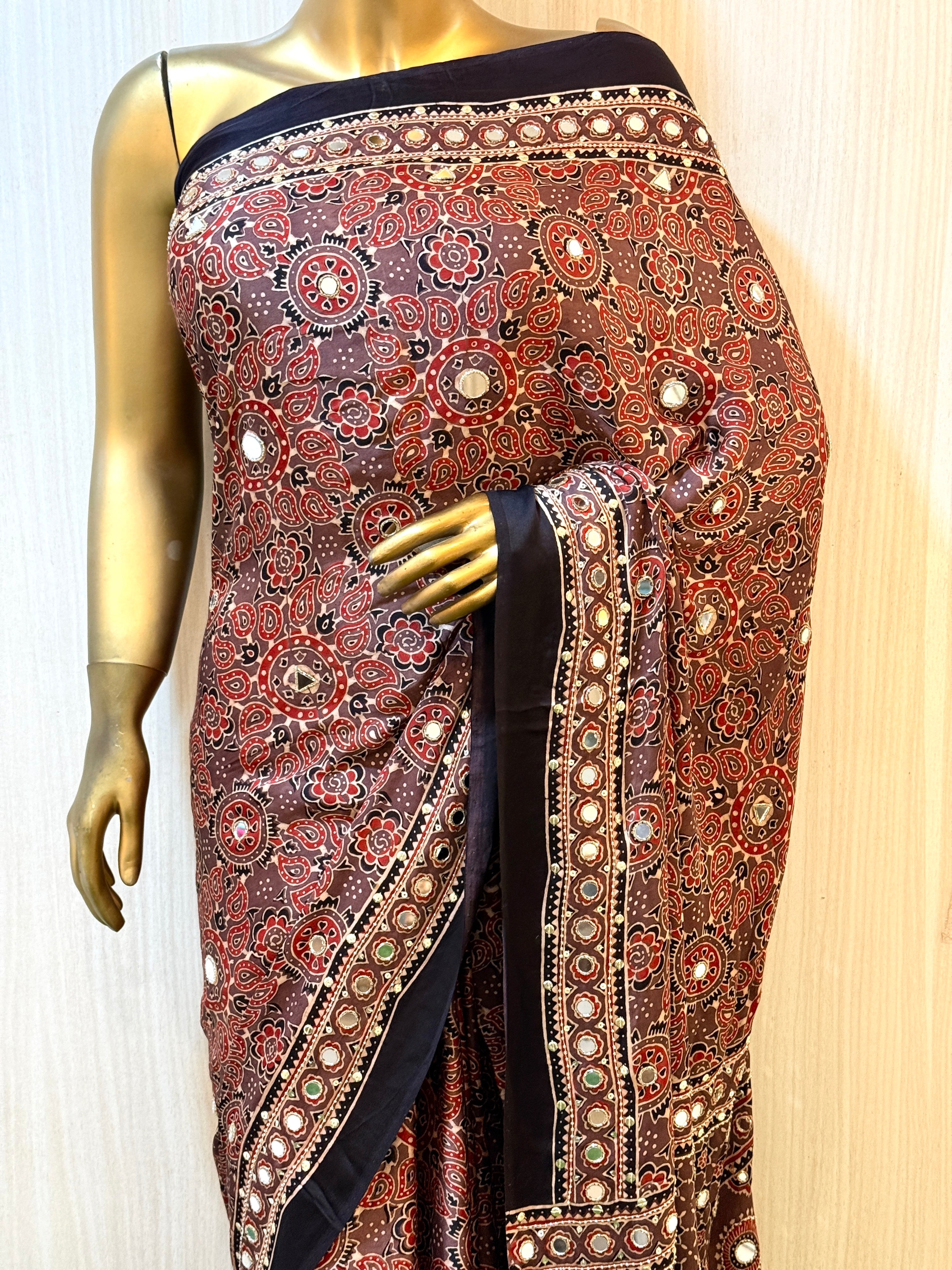 Drishti Brown Modal Silk Ajrakh Saree